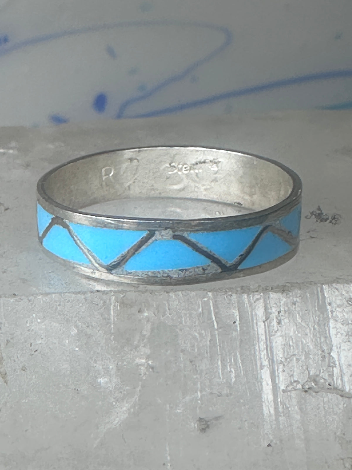 Vintage Sterling Silver Rough Turquoise Inlay Band Signed R Size 12.25 925