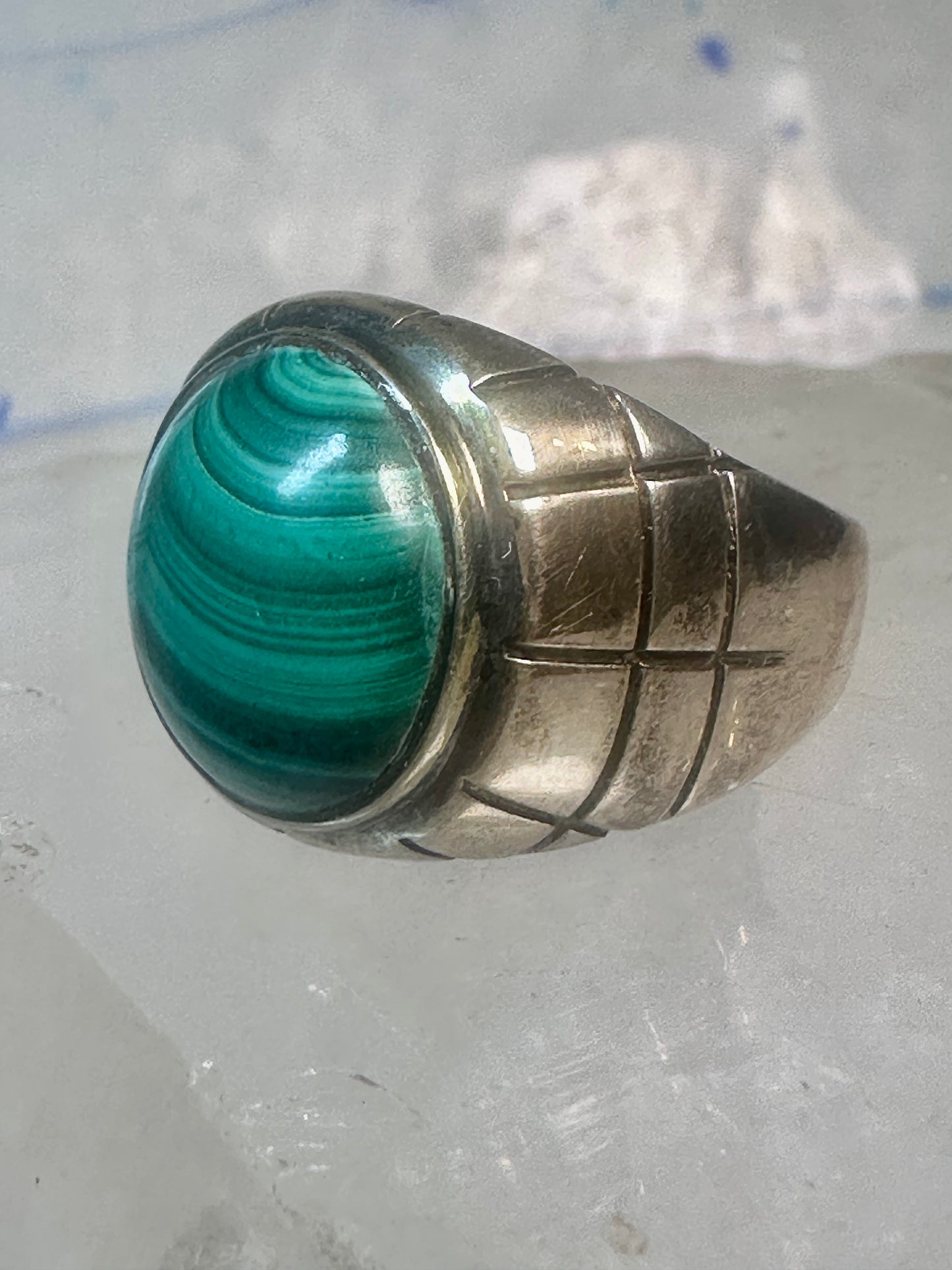 Malachite ring Mexico Taxco Size 9.25 Vintage sterling silver men women