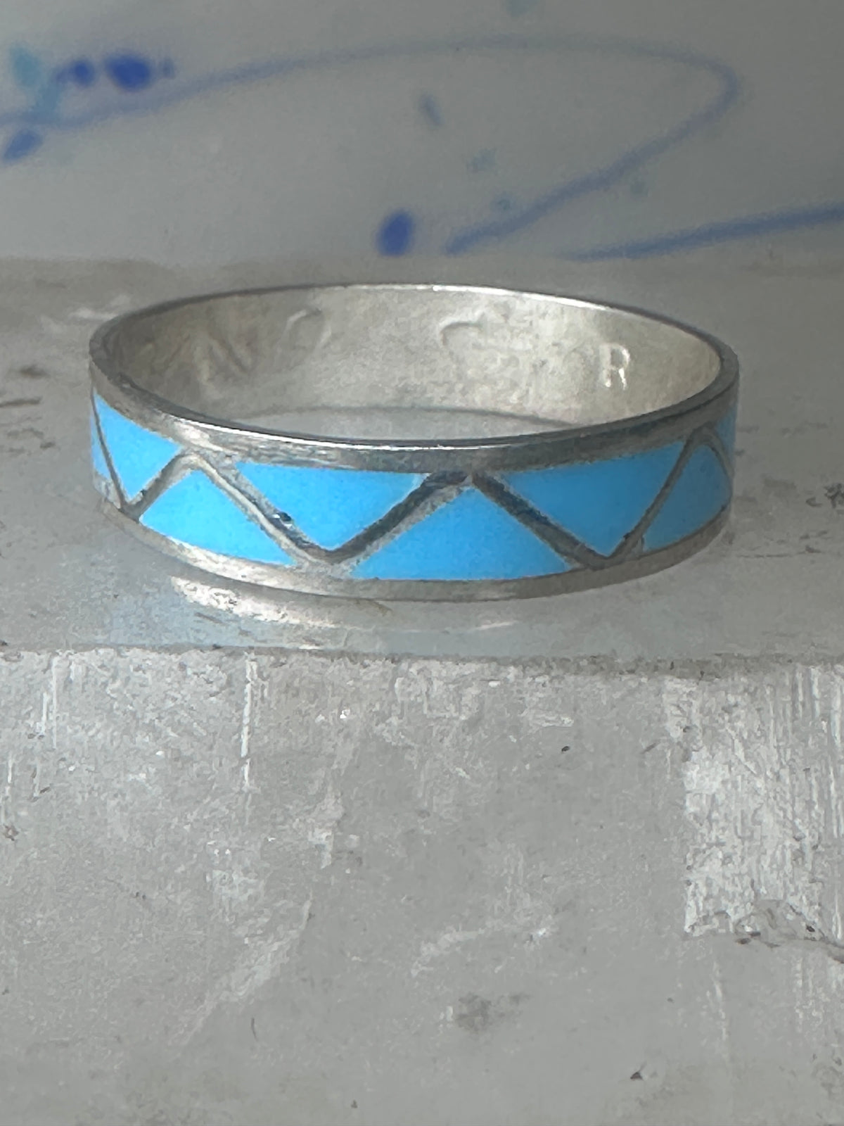 Vintage Sterling Silver Rough Turquoise Inlay Band Signed R Size 12.25 925