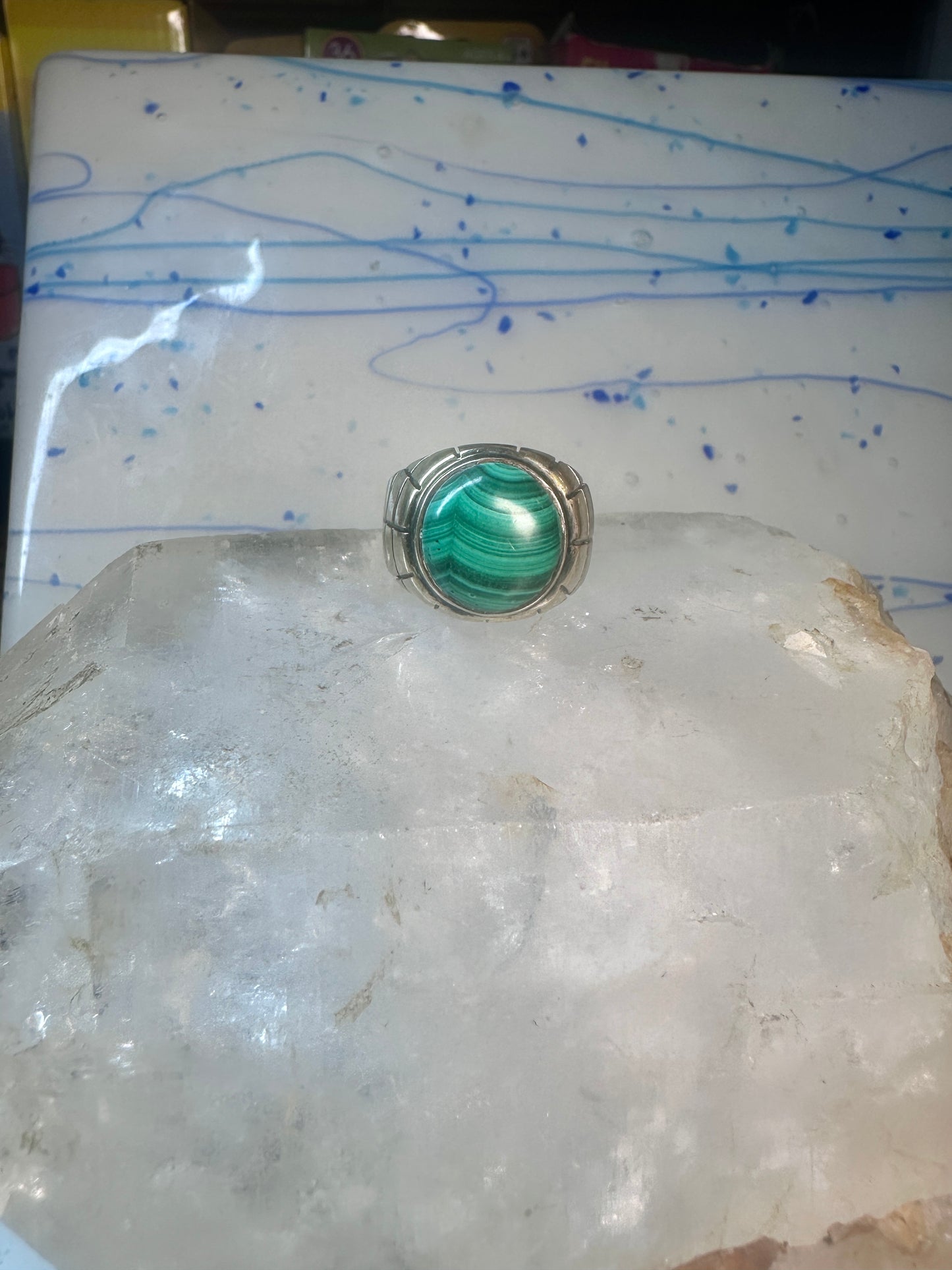 Malachite ring Mexico Taxco Size 9.25 Vintage sterling silver men women
