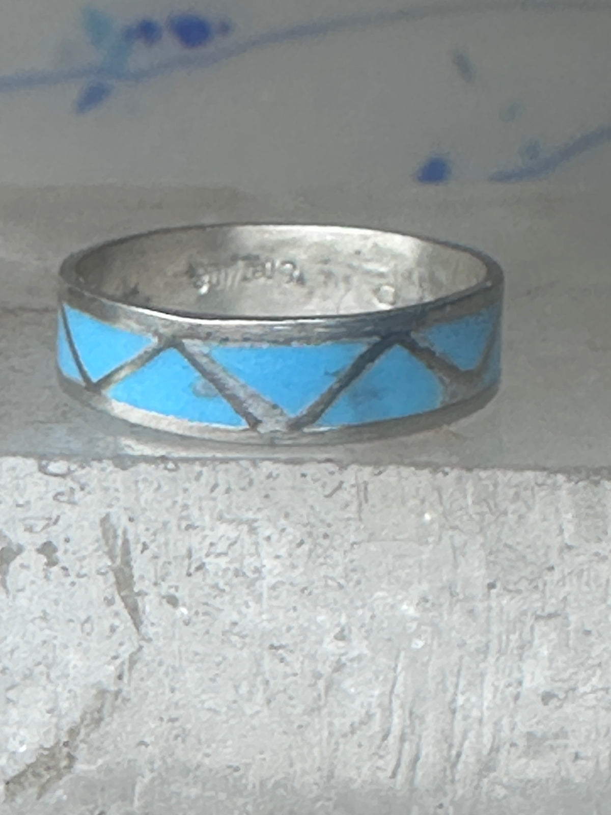 Vintage Sterling Silver Rough Reconstituted Turquoise Geometric Band Signed R Size 7.75 925
