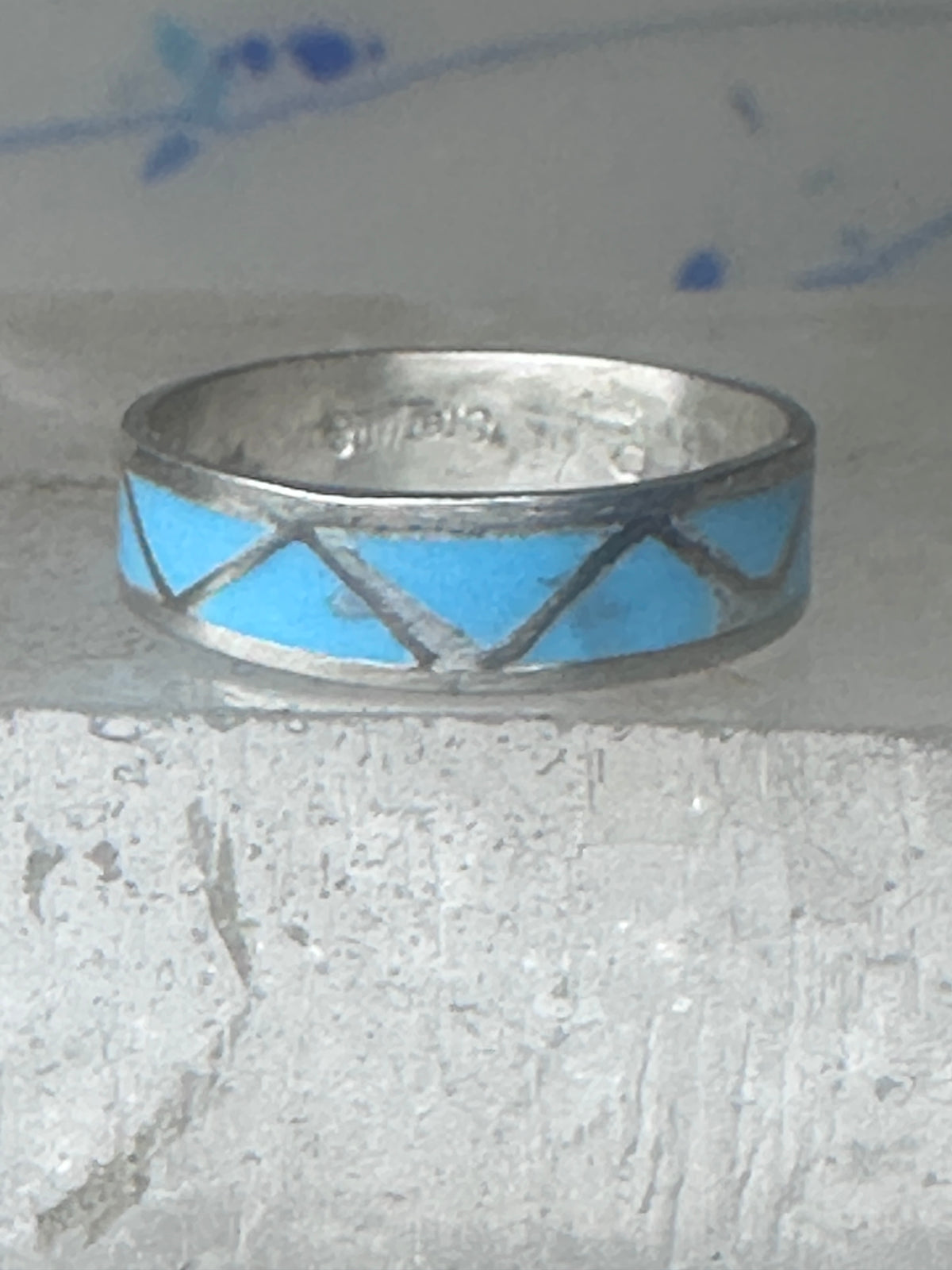 Vintage Sterling Silver Rough Reconstituted Turquoise Geometric Band Signed R Size 7.75 925