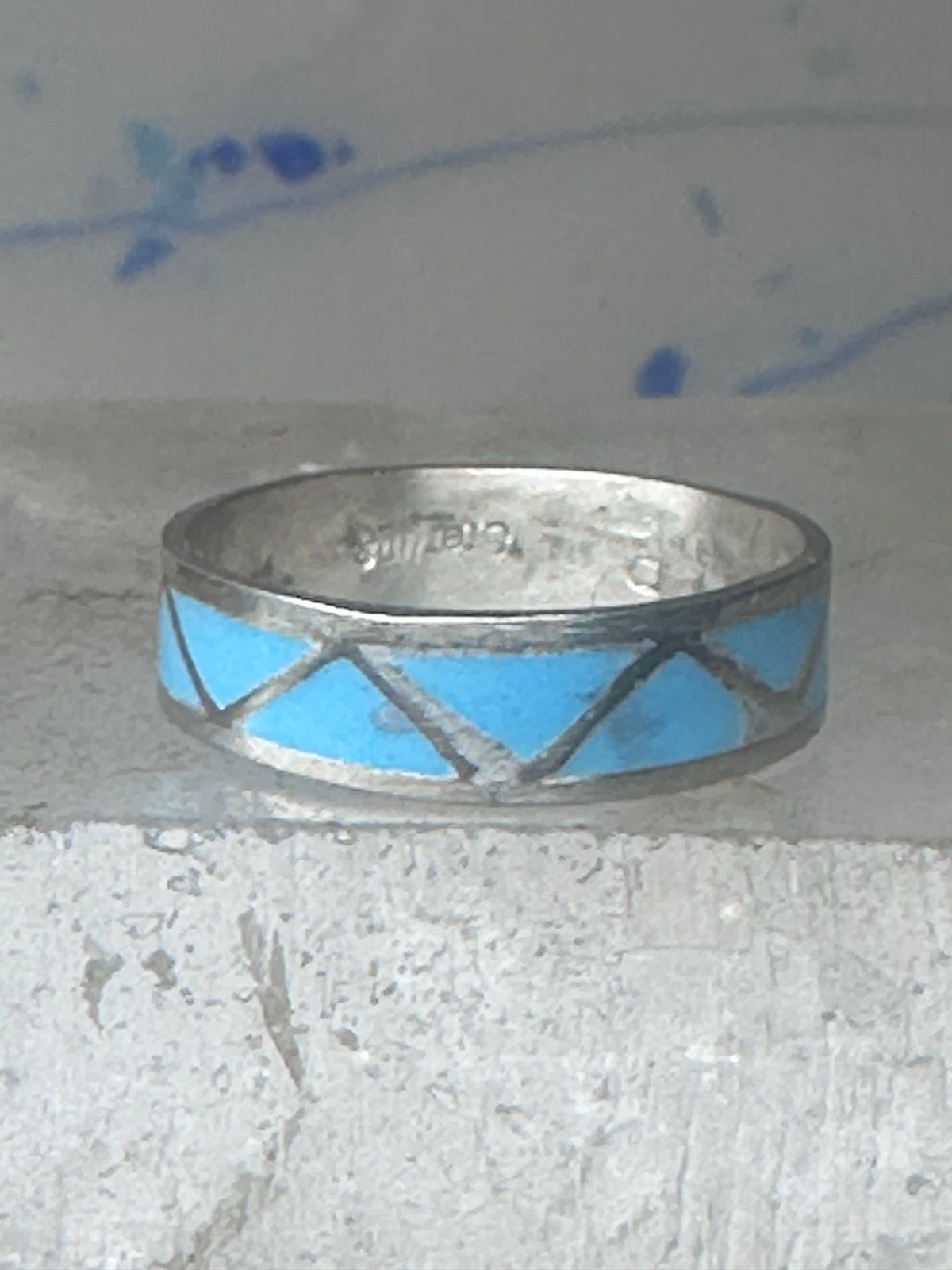Vintage Sterling Silver Rough Reconstituted Turquoise Geometric Band Signed R Size 7.75 925