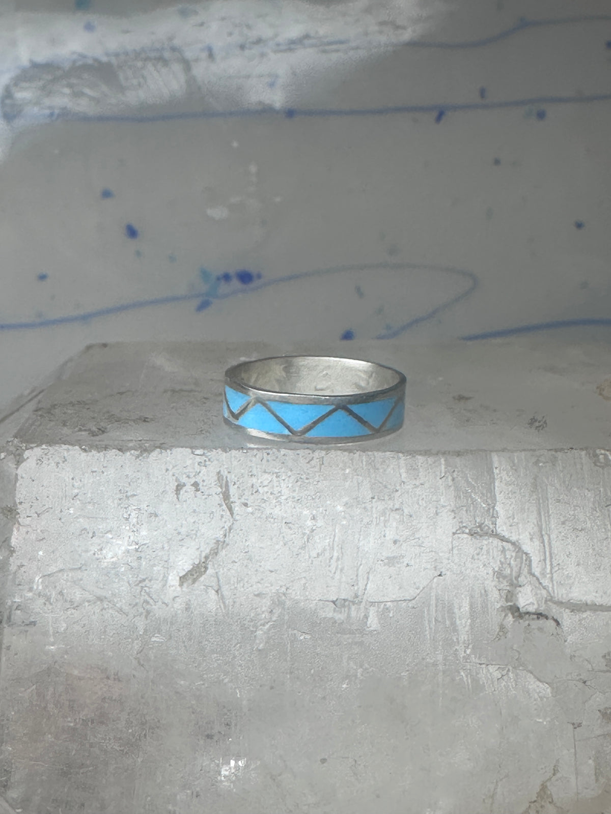 Vintage Sterling Silver Rough Reconstituted Turquoise Geometric Band Signed R Size 7.75 925