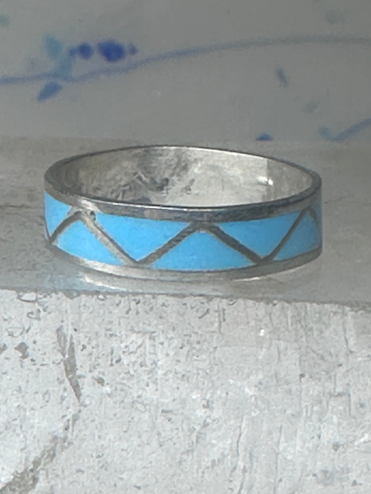 Vintage Sterling Silver Rough Reconstituted Turquoise Geometric Band Signed R Size 7.75 925