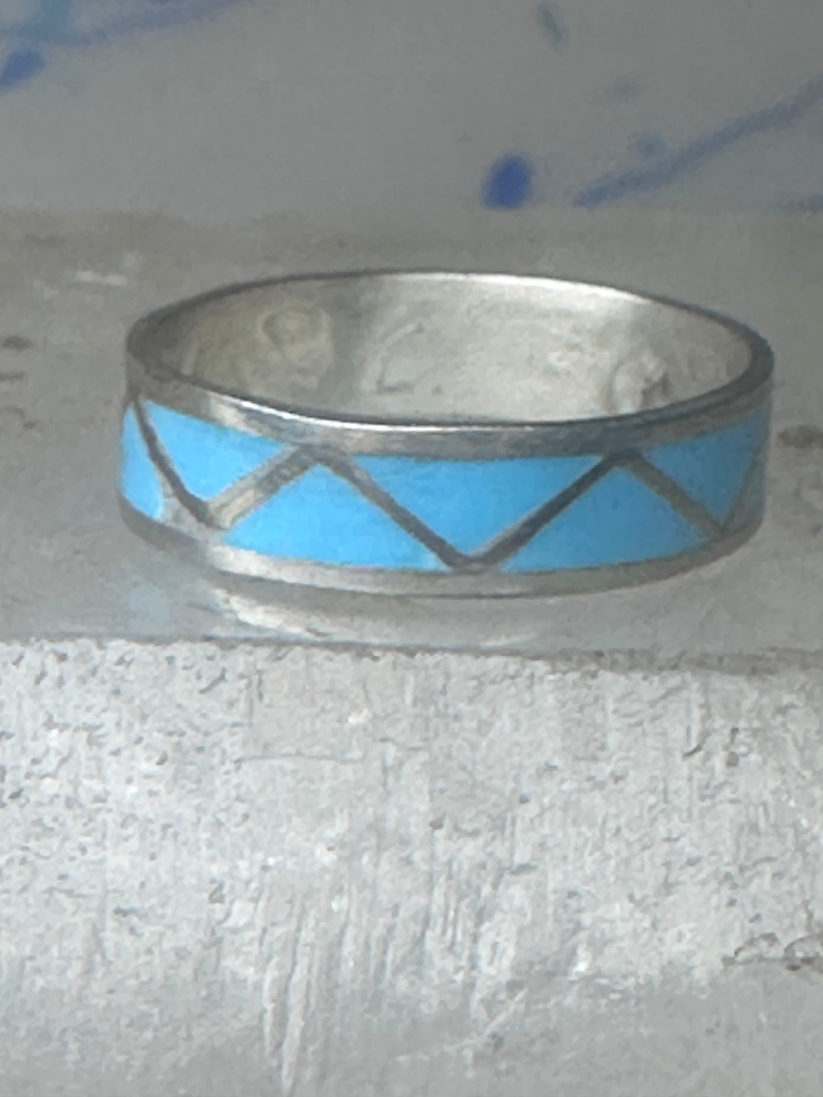 Vintage Sterling Silver Rough Reconstituted Turquoise Geometric Band Signed R Size 7.75 925