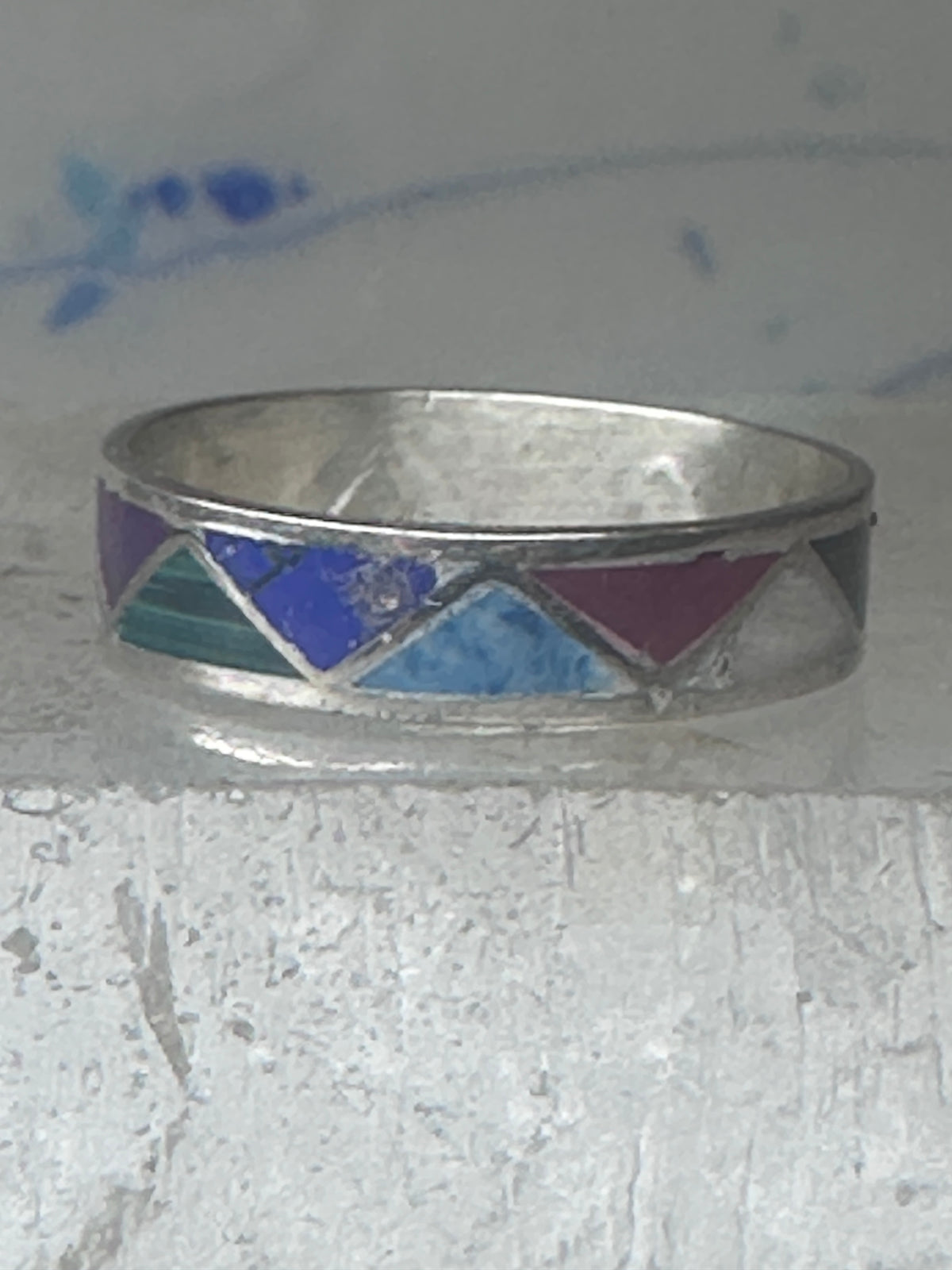 Vintage Sterling Silver Rough Reconstituted Multi Stone Geometric Band Signed R Size 8 925