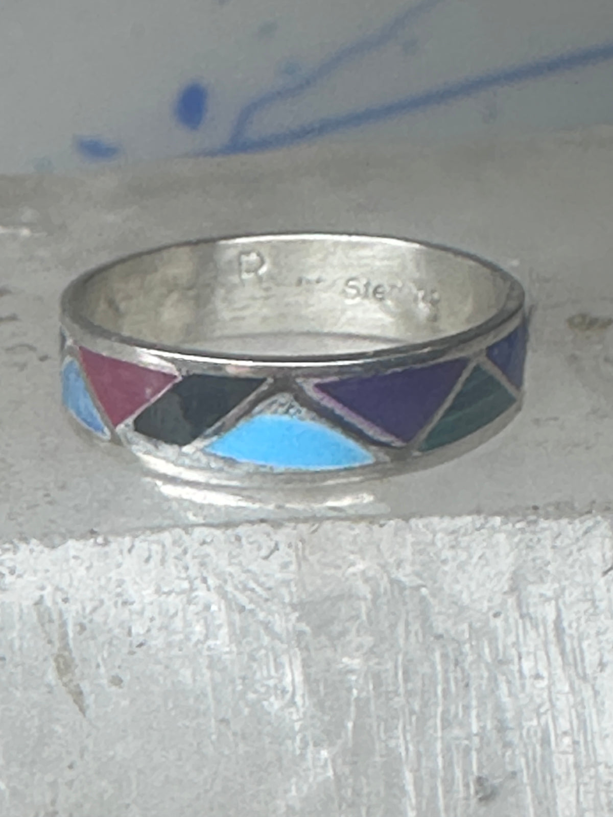 Vintage Sterling Silver Rough Reconstituted Multi Stone Geometric Band Signed R Size 8 925