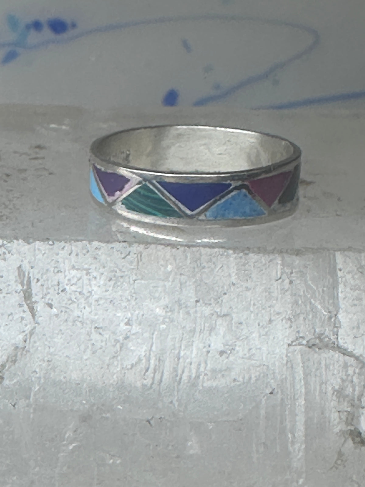 Vintage Sterling Silver Rough Reconstituted Multi Stone Geometric Band Signed R Size 8 925