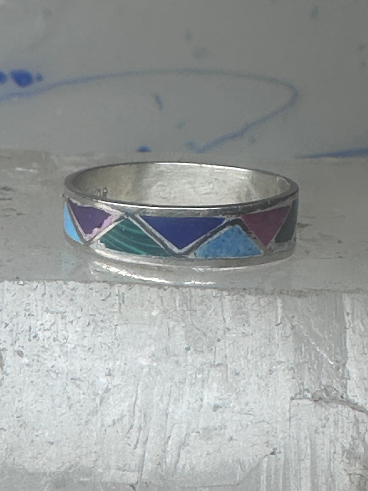 Vintage Sterling Silver Rough Reconstituted Multi Stone Geometric Band Signed R Size 8 925
