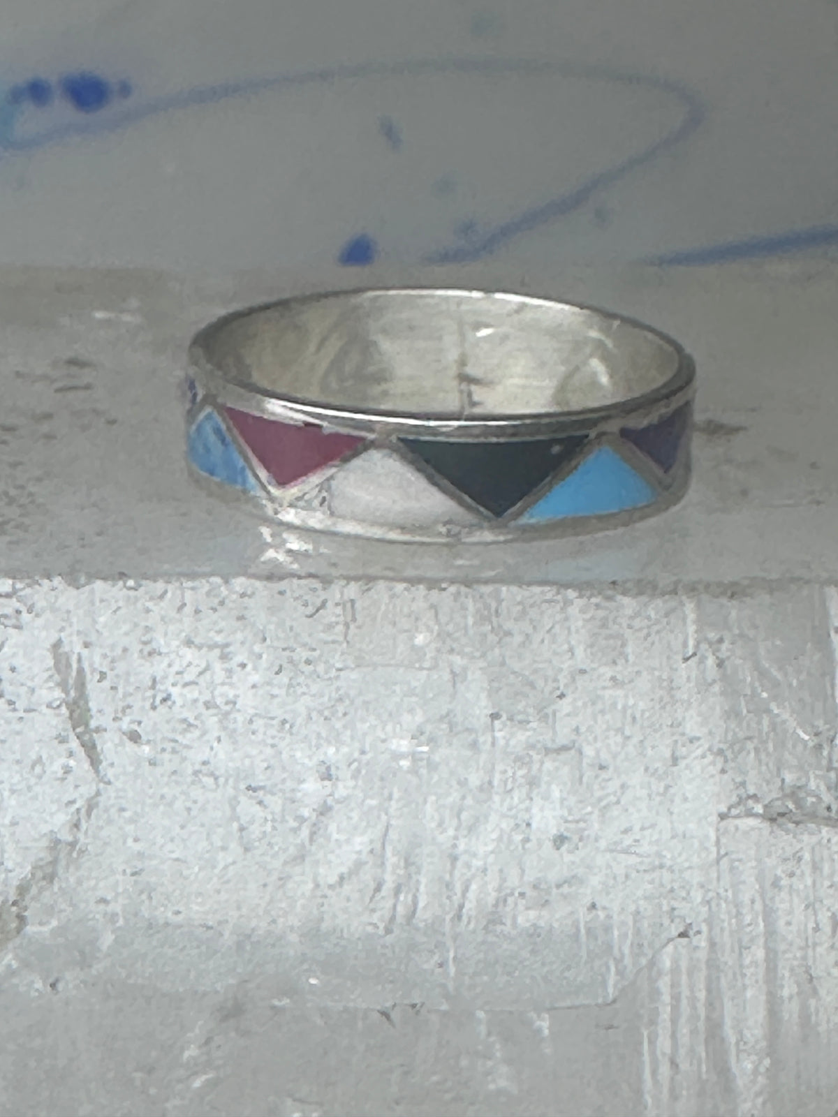 Vintage Sterling Silver Rough Reconstituted Multi Stone Geometric Band Signed R Size 8 925