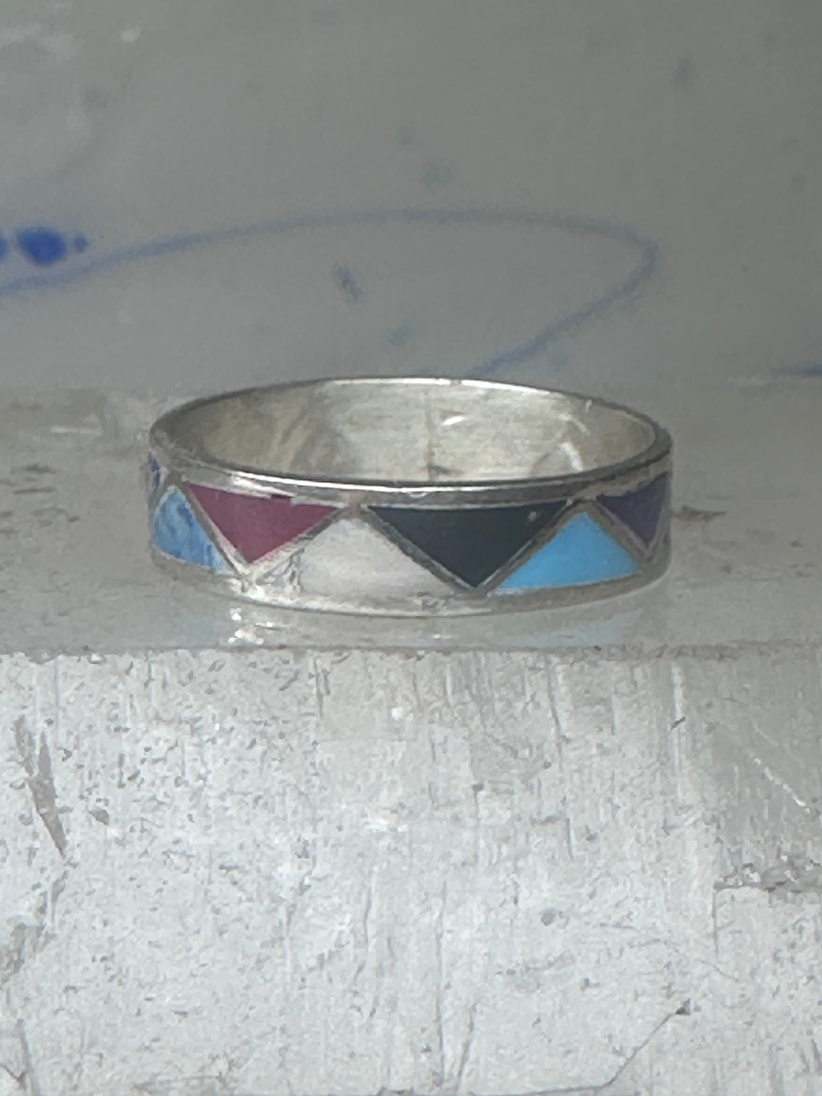 Vintage Sterling Silver Rough Reconstituted Multi Stone Geometric Band Signed R Size 8 925