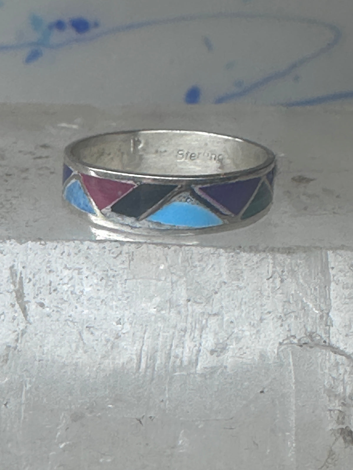 Vintage Sterling Silver Rough Reconstituted Multi Stone Geometric Band Signed R Size 8 925
