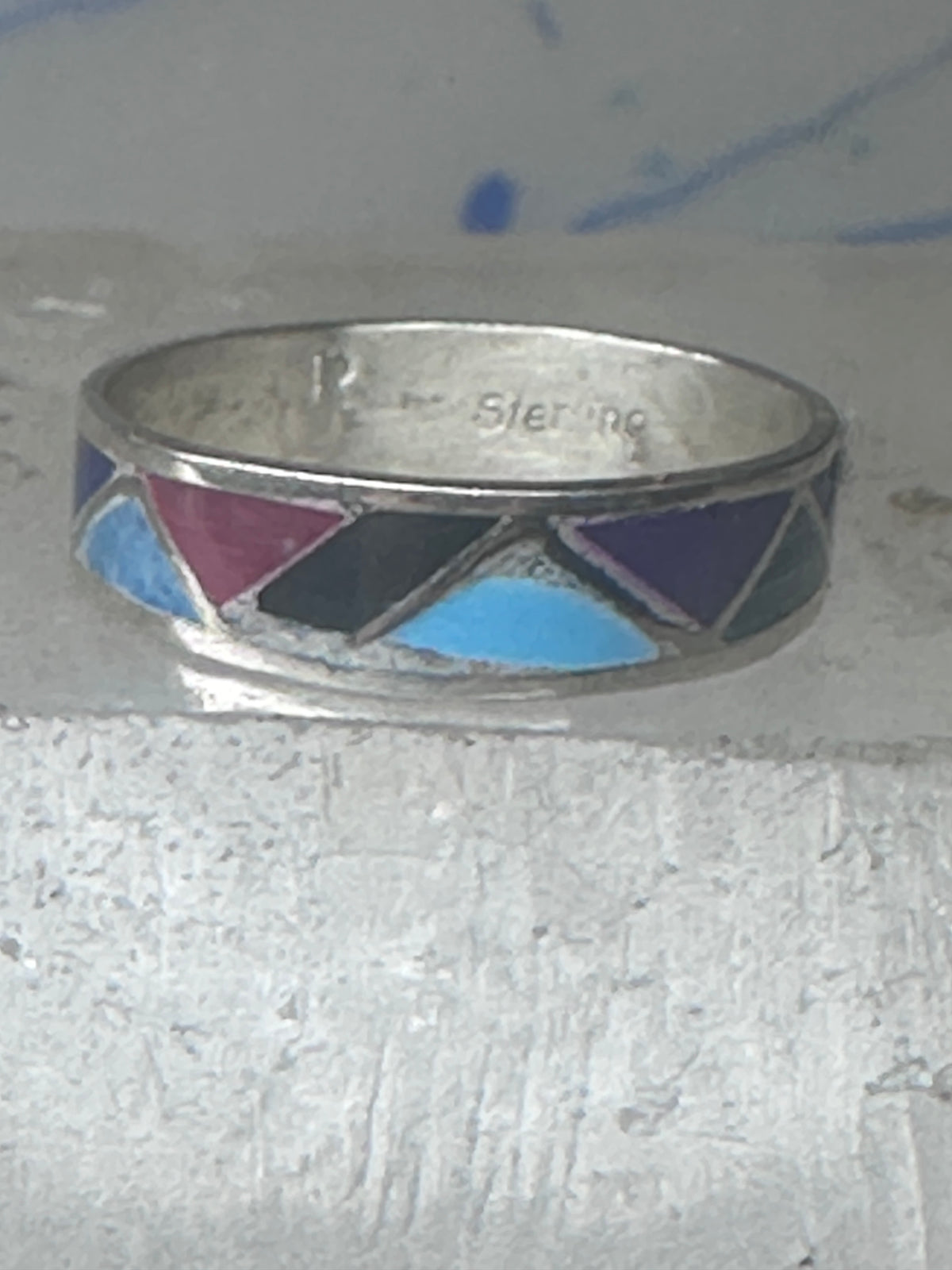 Vintage Sterling Silver Rough Reconstituted Multi Stone Geometric Band Signed R Size 8 925