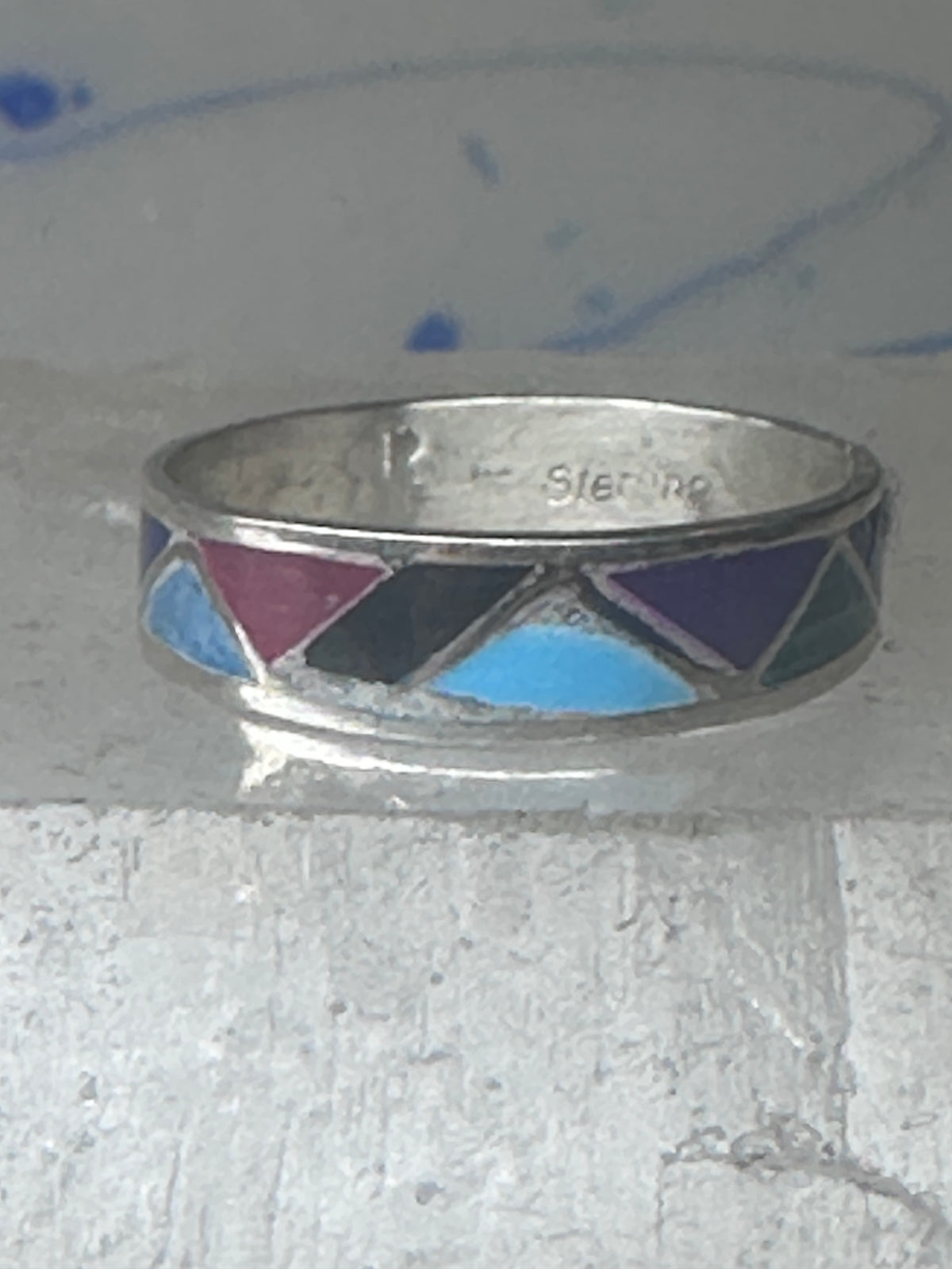 Vintage Sterling Silver Rough Reconstituted Multi Stone Geometric Band Signed R Size 8 925