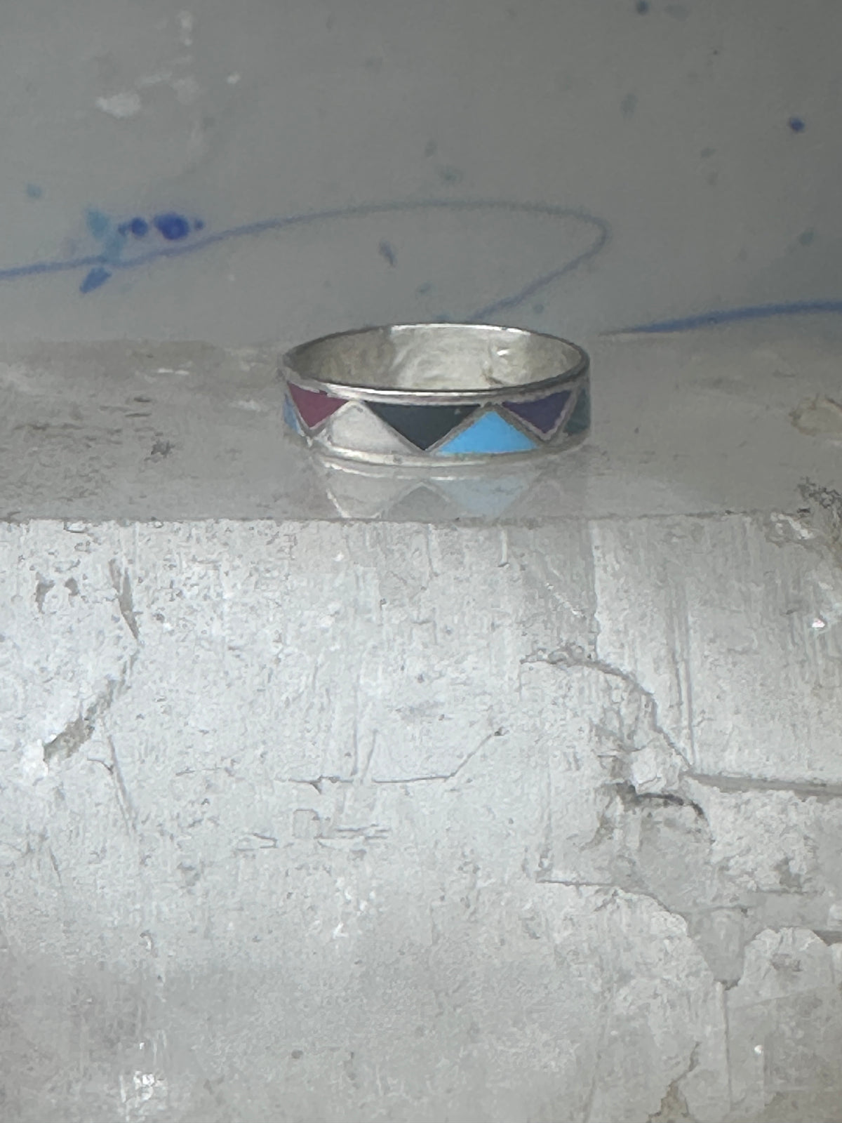 Vintage Sterling Silver Rough Reconstituted Multi Stone Geometric Band Signed R Size 8 925