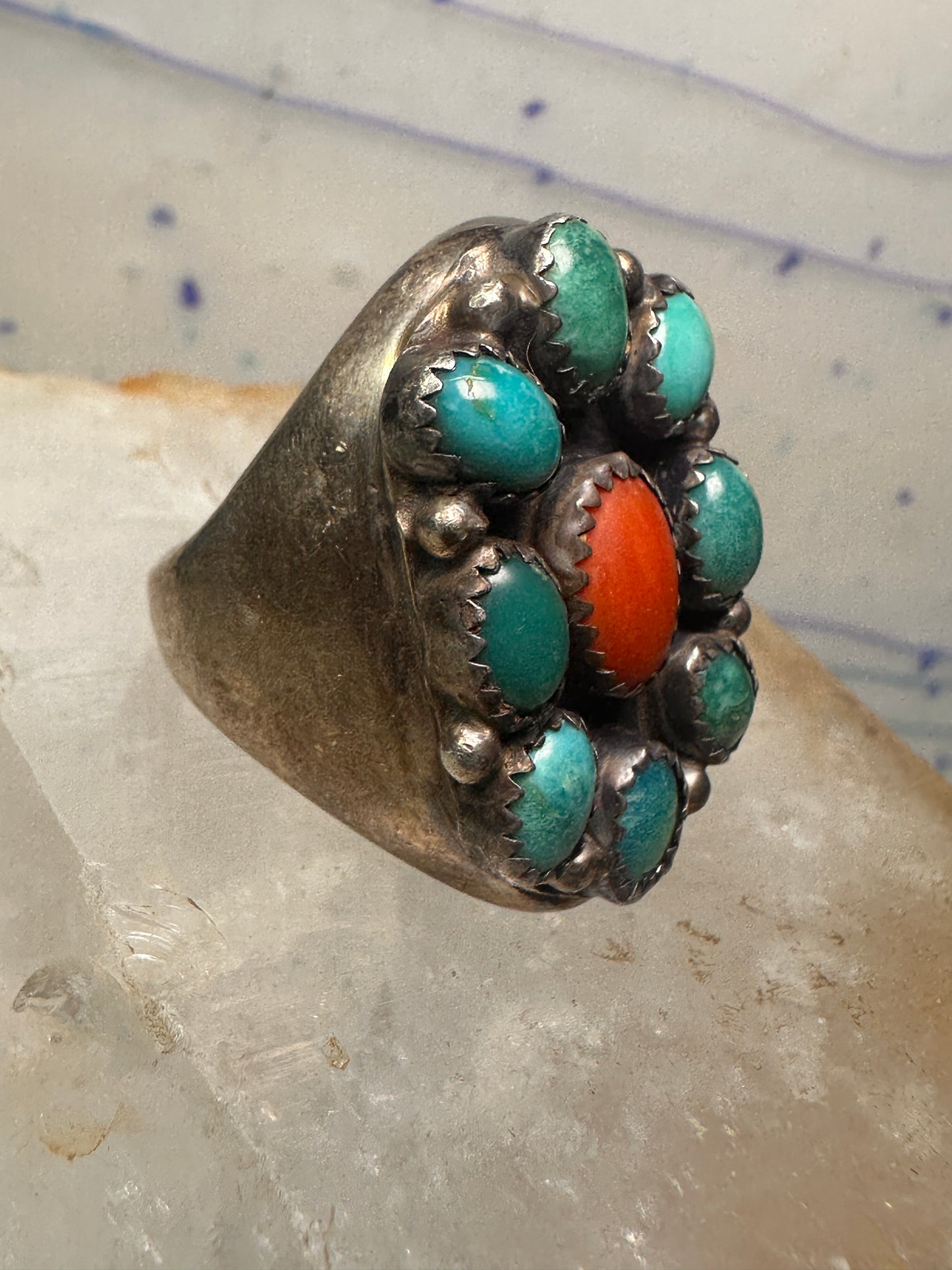 Navajo ring Heavy turquoise coral band size 10.75 sterling silver women men
