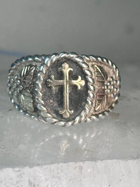 Black Hills Gold ring religious Cross Size 10.75 Vintage sterling silver men women