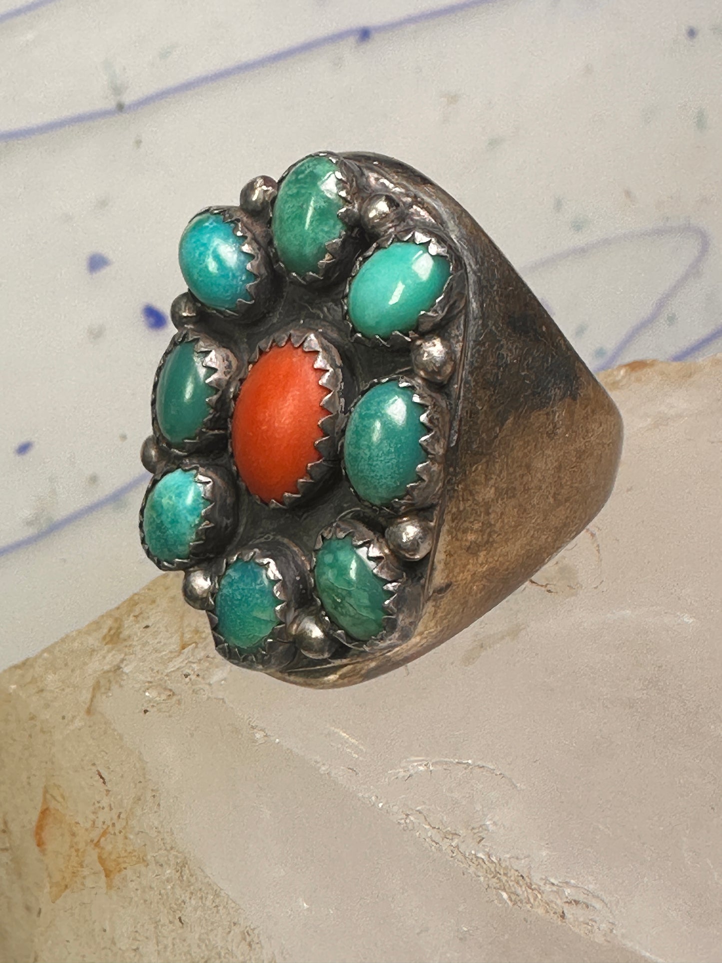 Navajo ring Heavy turquoise coral band size 10.75 sterling silver women men