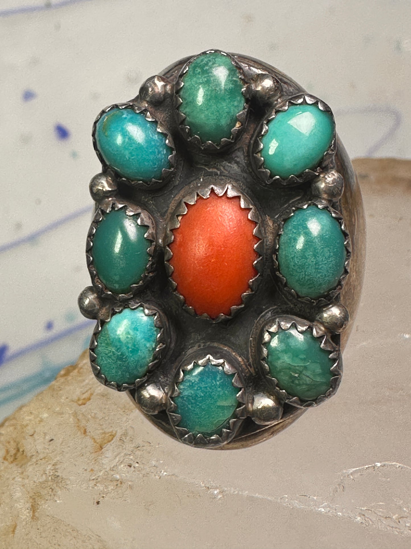 Navajo ring Heavy turquoise coral band size 10.75 sterling silver women men