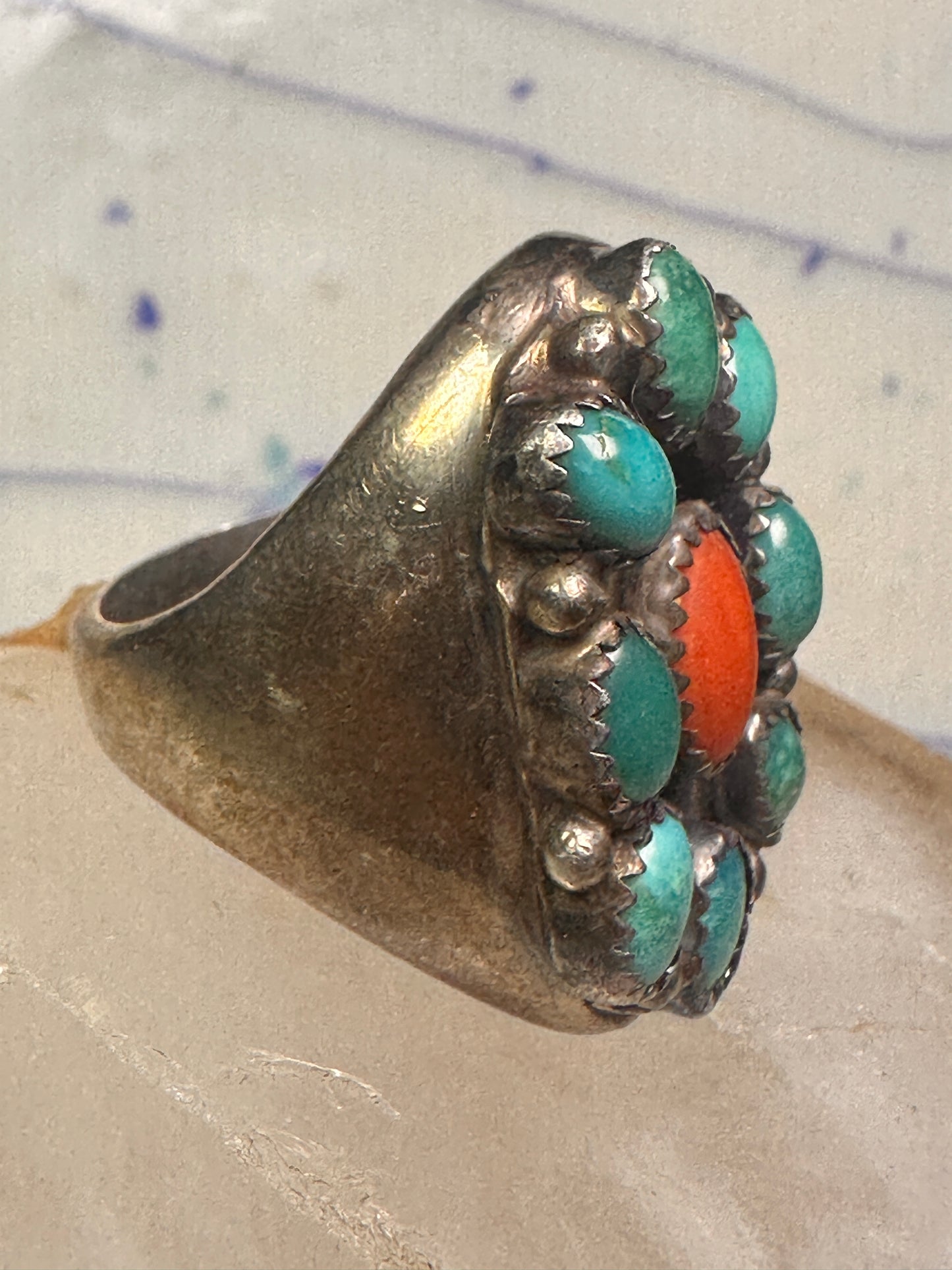 Navajo ring Heavy turquoise coral band size 10.75 sterling silver women men