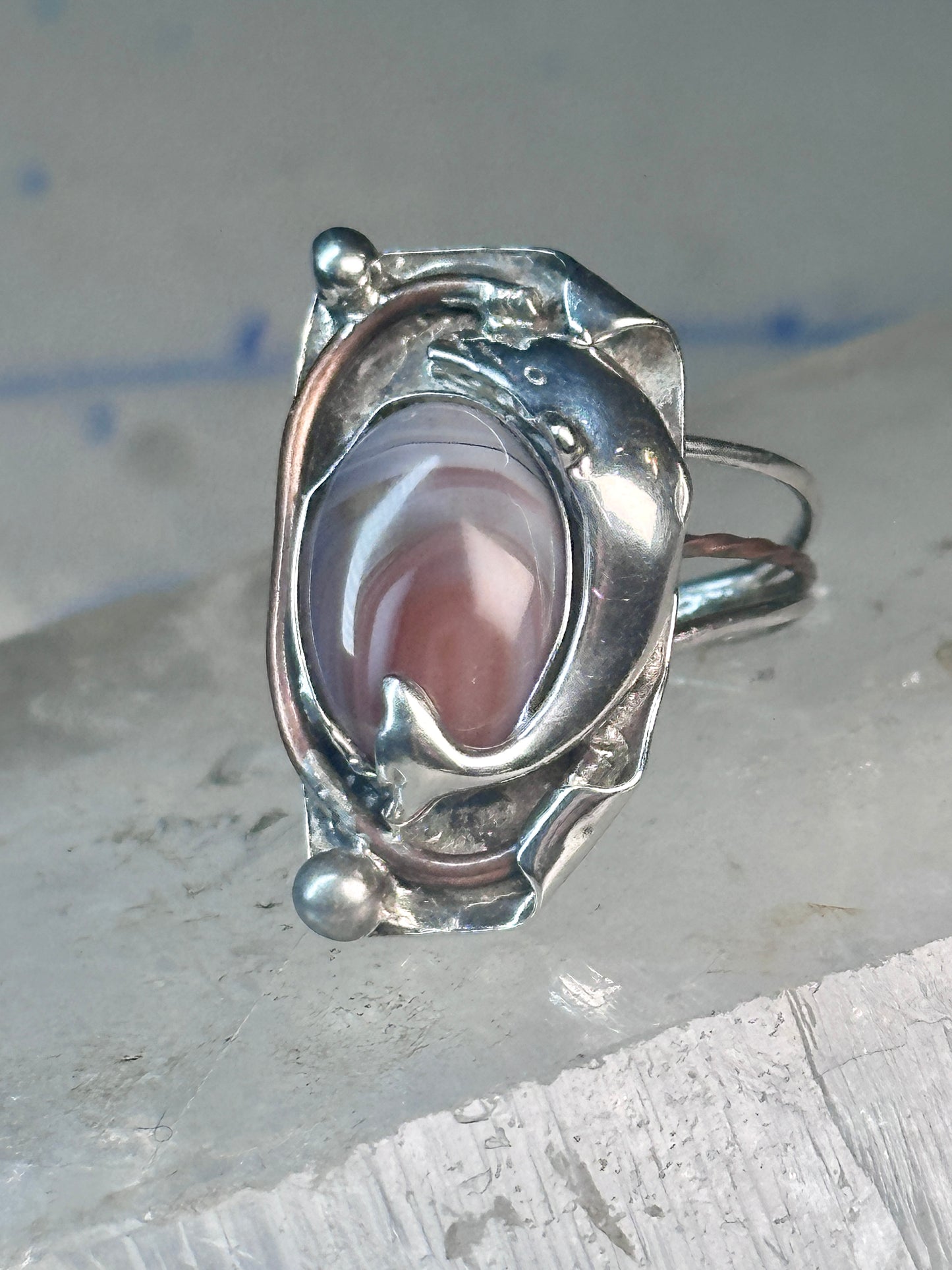 Long Dolphin ring Agate Size 7 Vintage sterling silver women