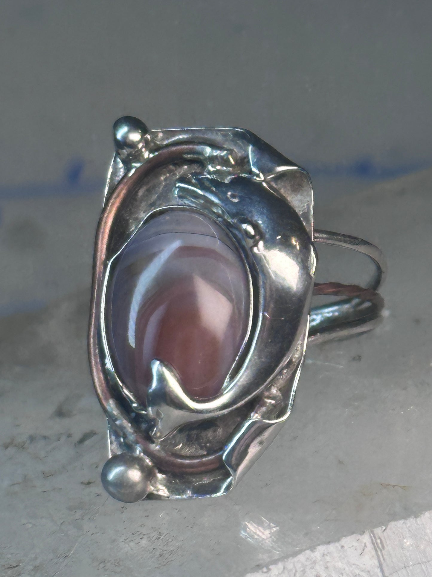 Long Dolphin ring Agate Size 7 Vintage sterling silver women