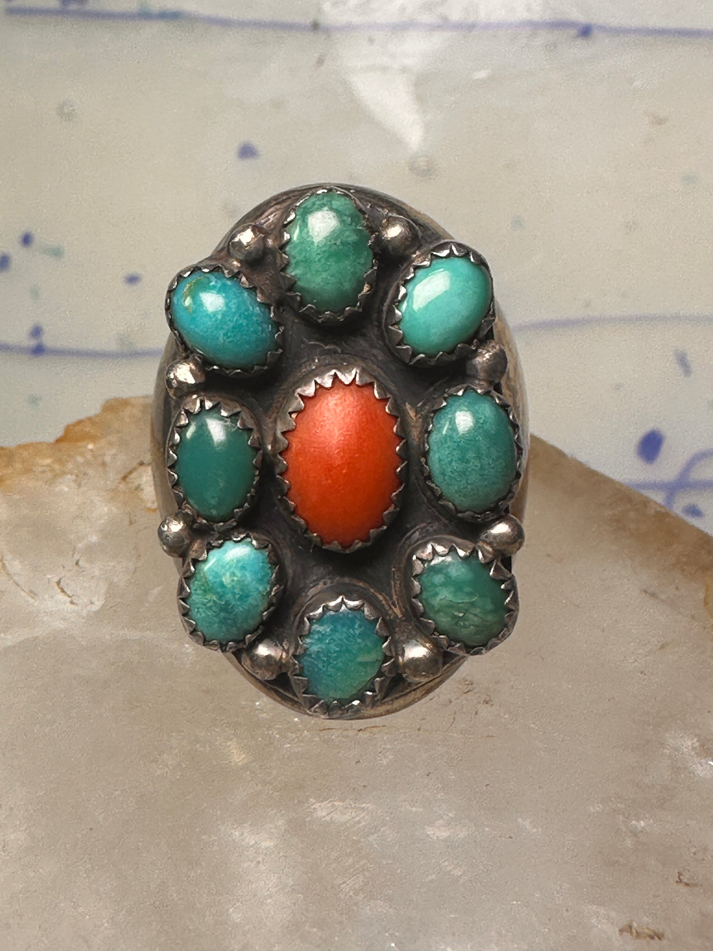 Navajo ring Heavy turquoise coral band size 10.75 sterling silver women men