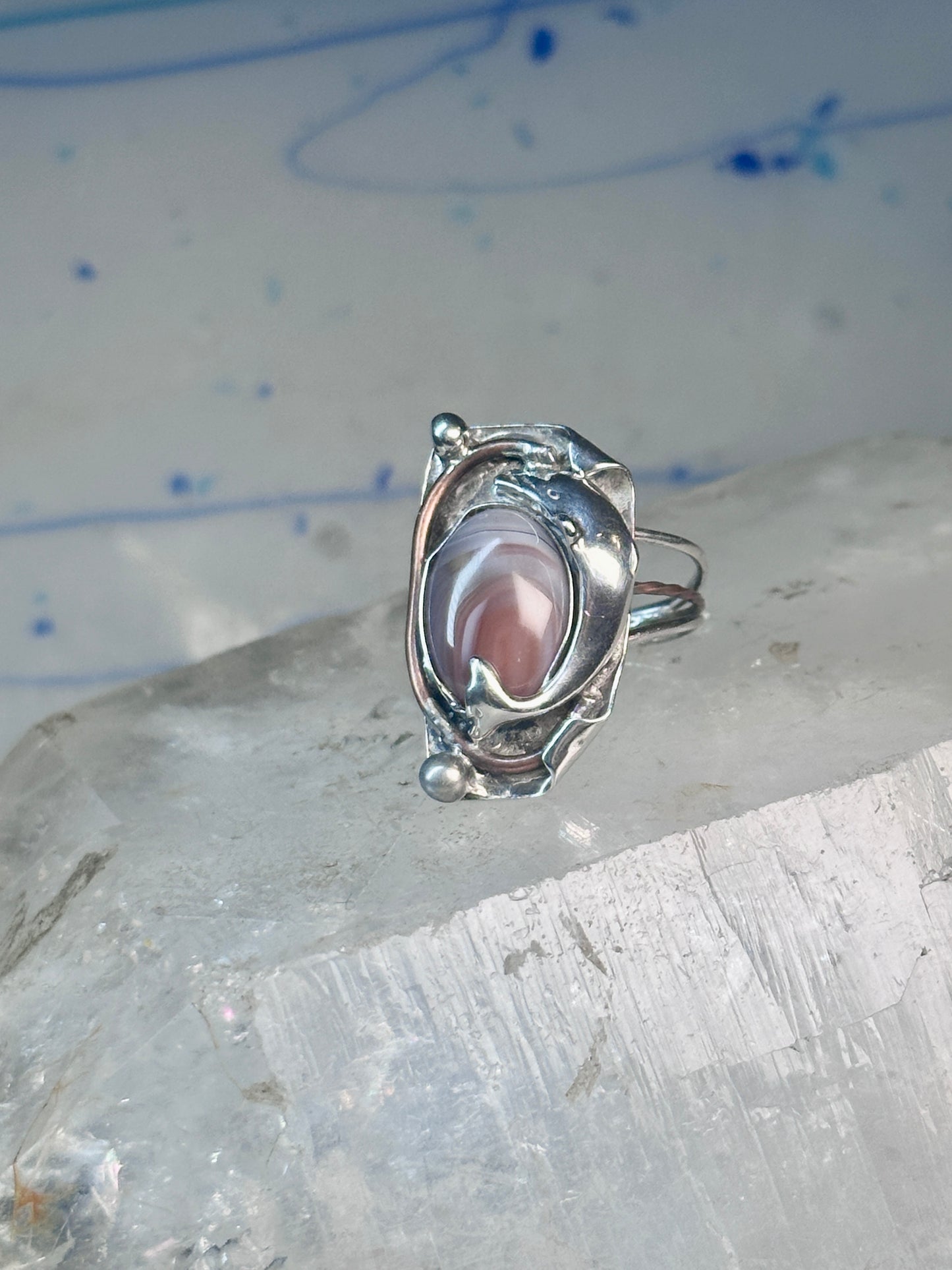 Long Dolphin ring Agate Size 7 Vintage sterling silver women