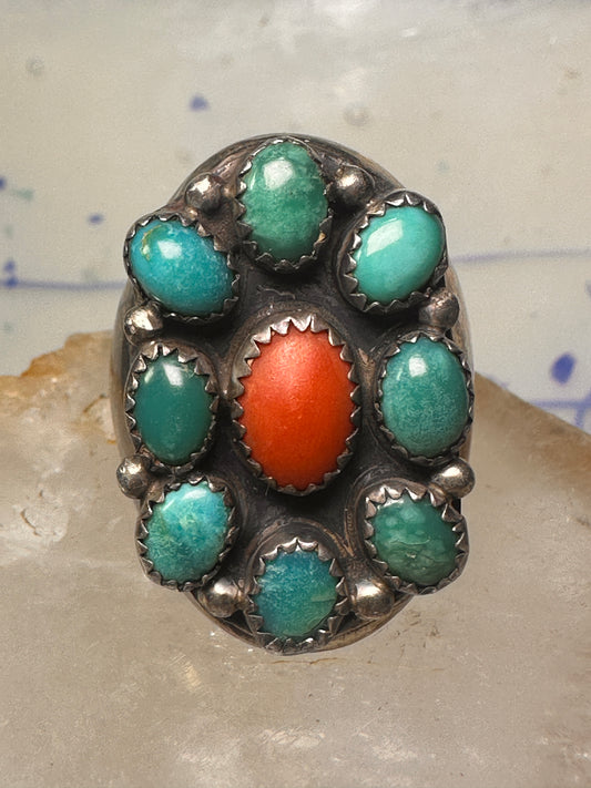 Navajo ring Heavy turquoise coral band size 10.75 sterling silver women men