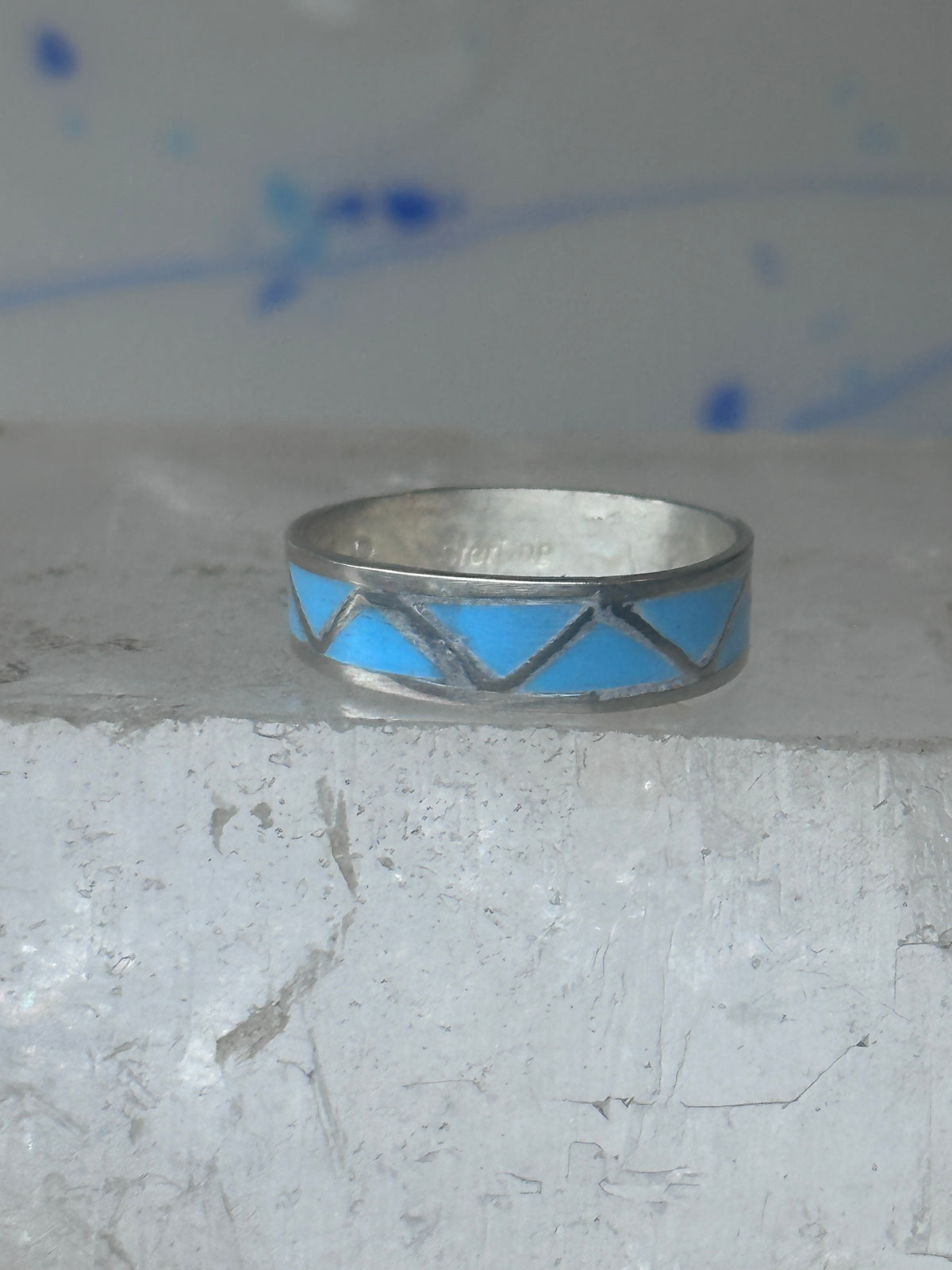 Vintage Sterling Silver Rough Reconstituted Turquoise Geometric Band Size 7.25 925