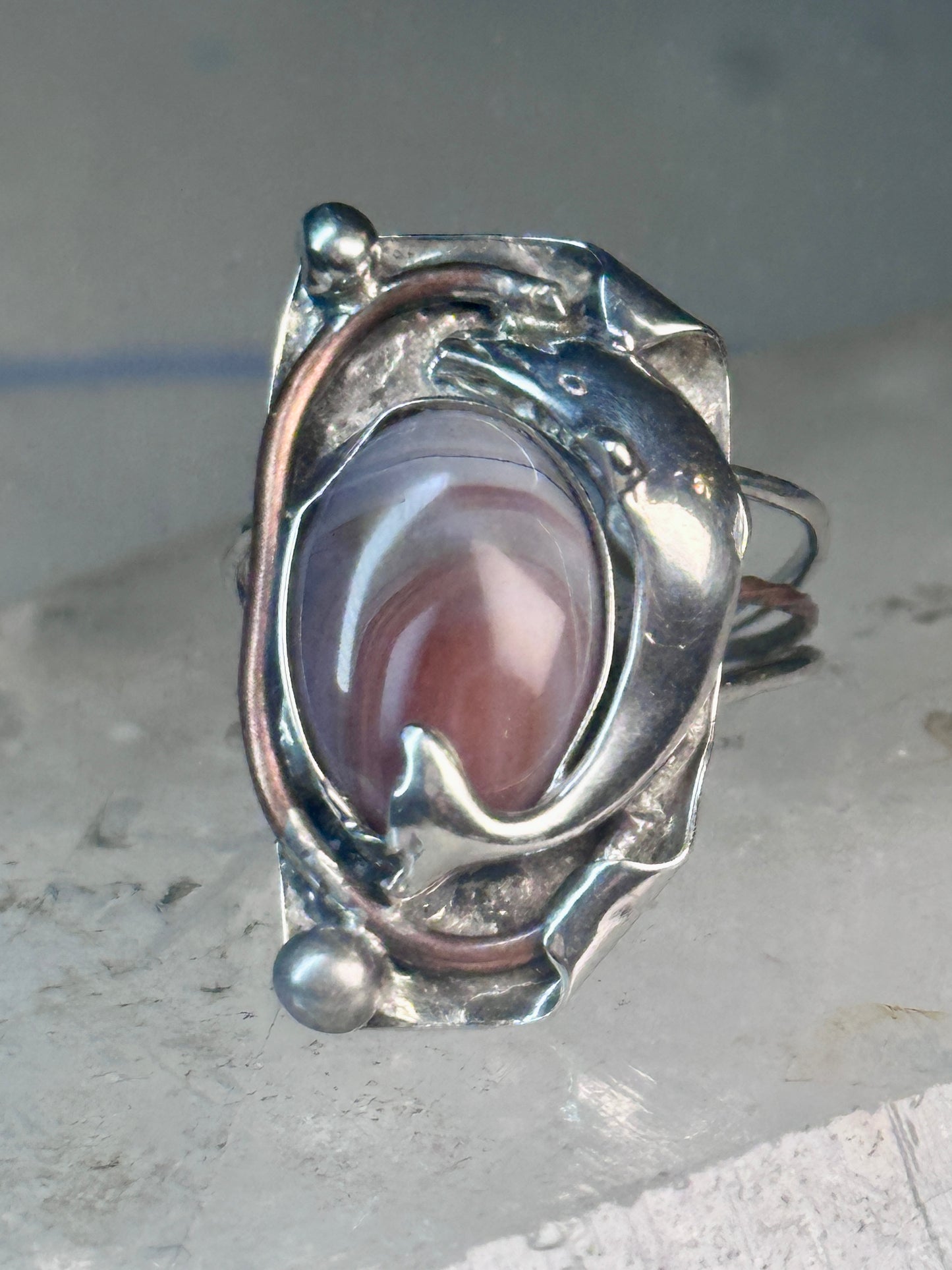 Long Dolphin ring Agate Size 7 Vintage sterling silver women