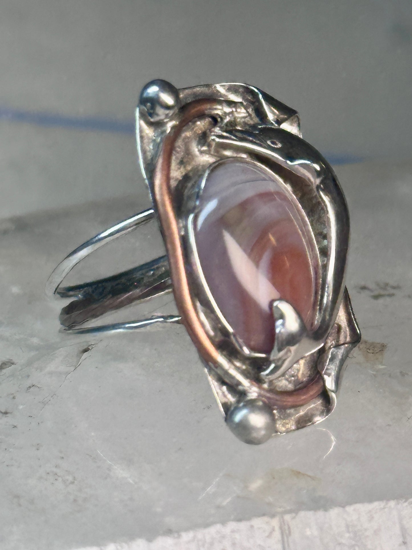 Long Dolphin ring Agate Size 7 Vintage sterling silver women