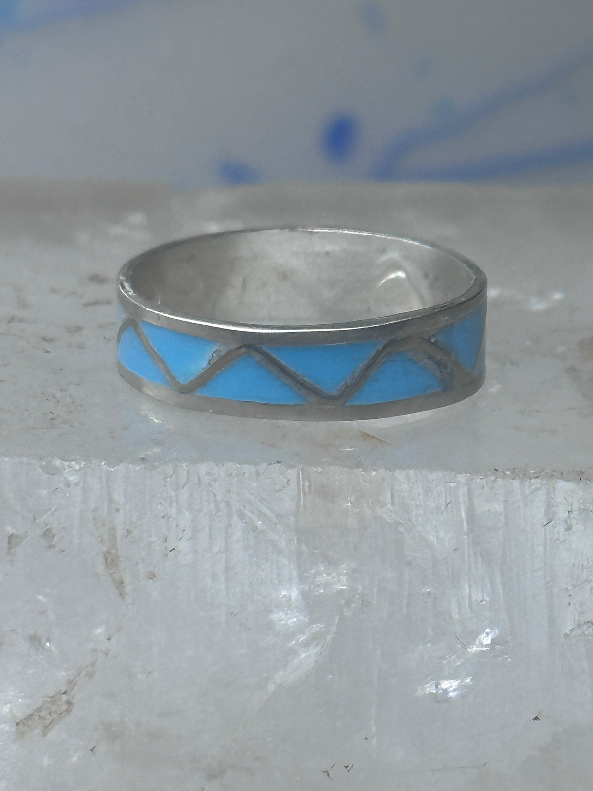 Vintage Sterling Silver Rough Reconstituted Turquoise Geometric Band Size 7.25 925