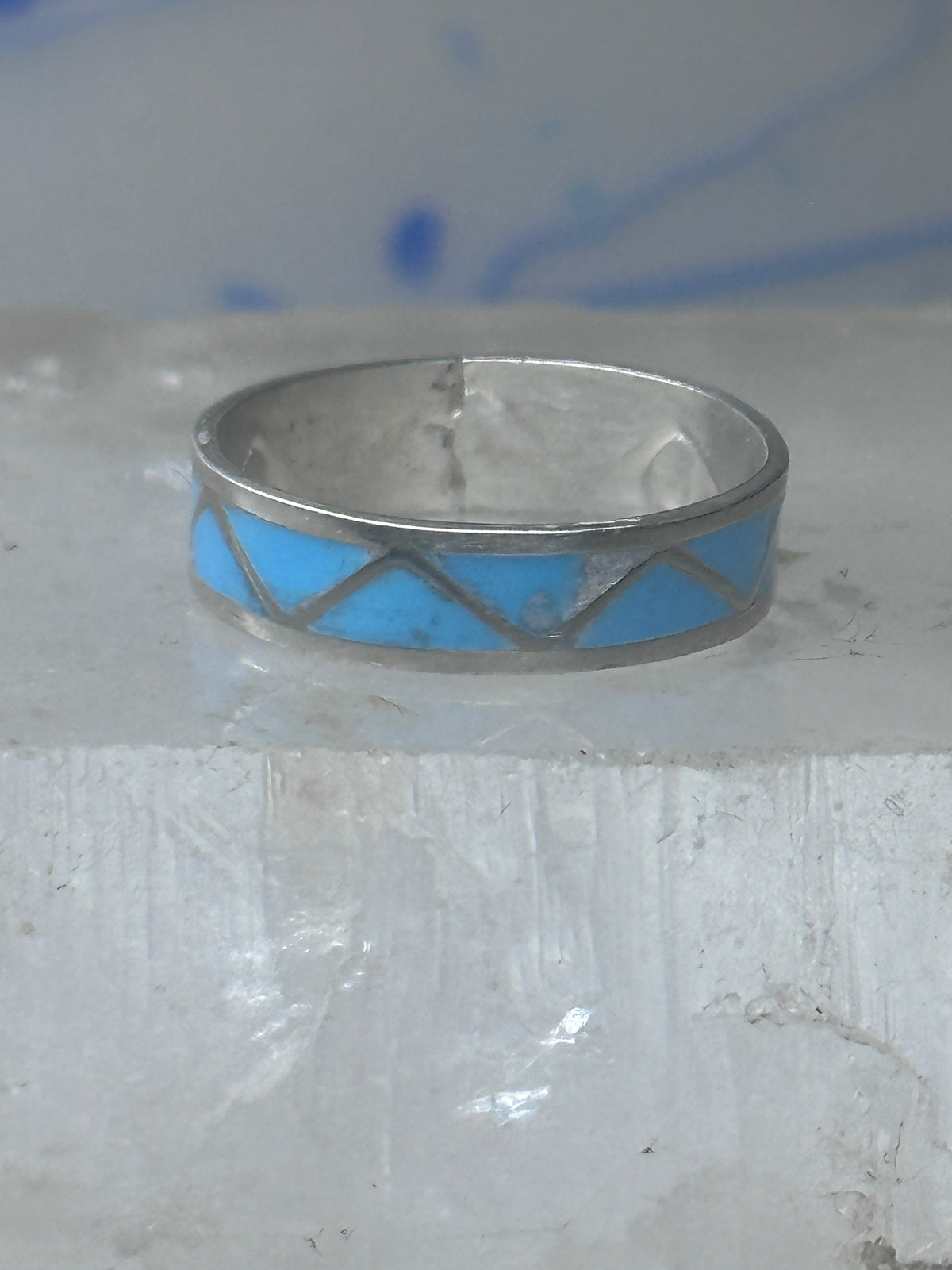 Vintage Sterling Silver Rough Reconstituted Turquoise Geometric Band Size 7.25 925