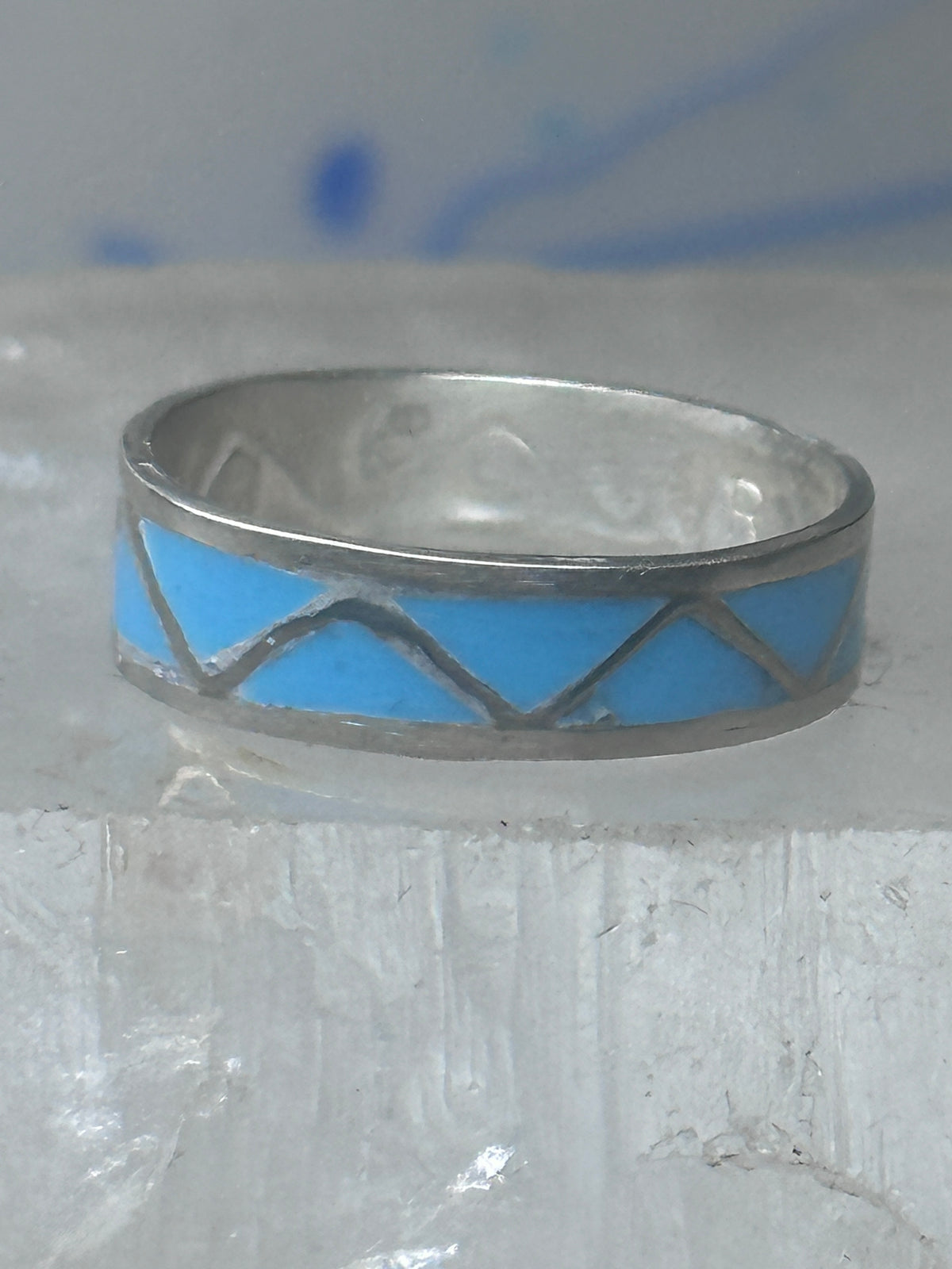Vintage Sterling Silver Rough Reconstituted Turquoise Geometric Band Size 7.25 925