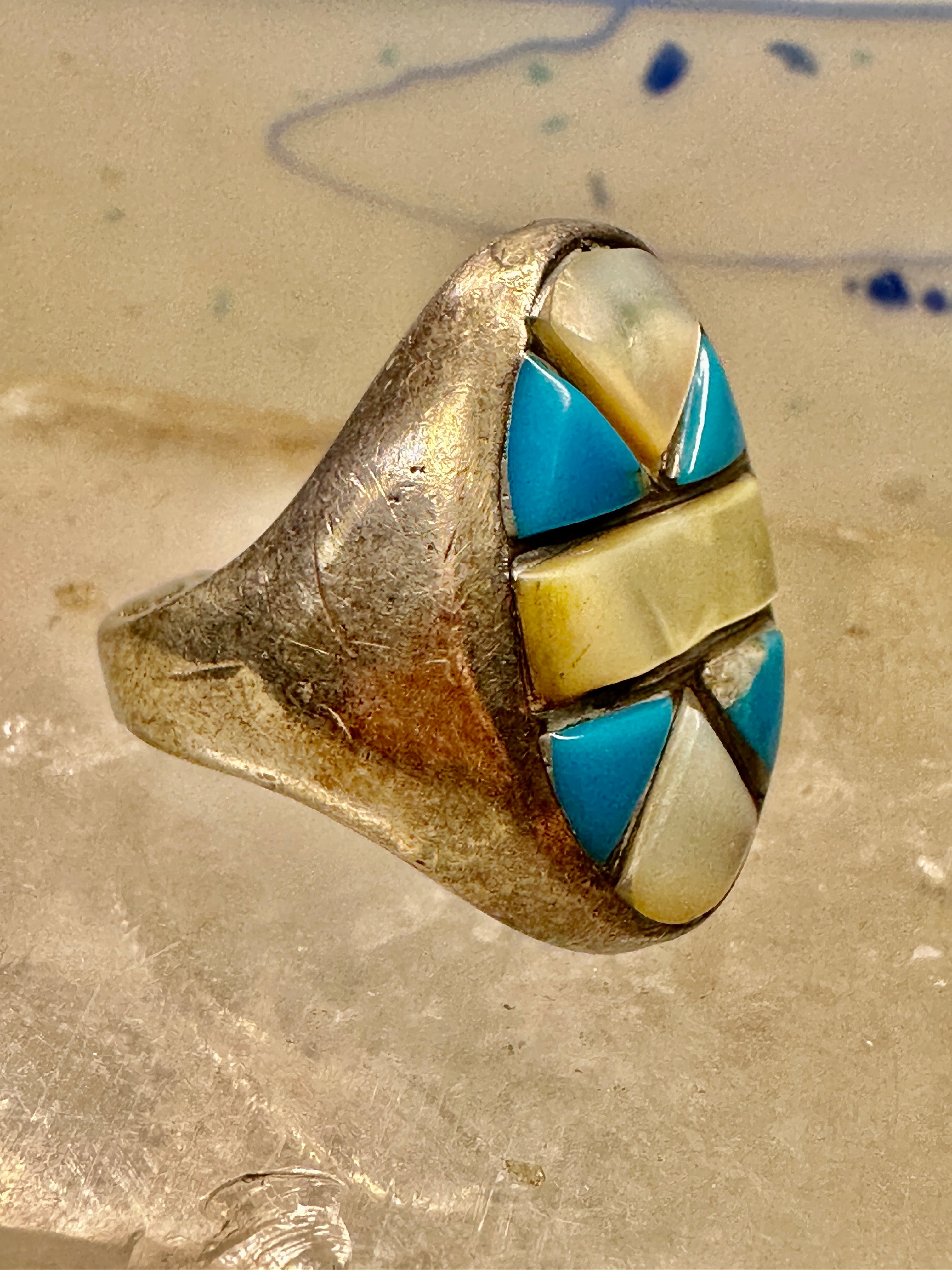 Sterling Silver Mens Native American Turquoise 2024 MOP Inlay Ring