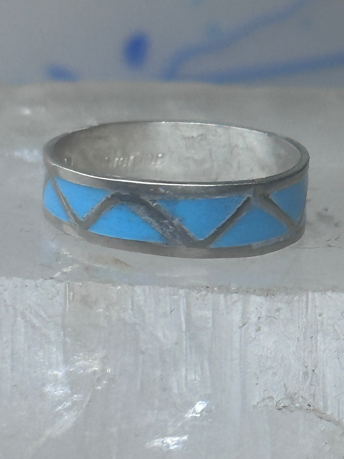 Vintage Sterling Silver Rough Reconstituted Turquoise Geometric Band Size 7.25 925