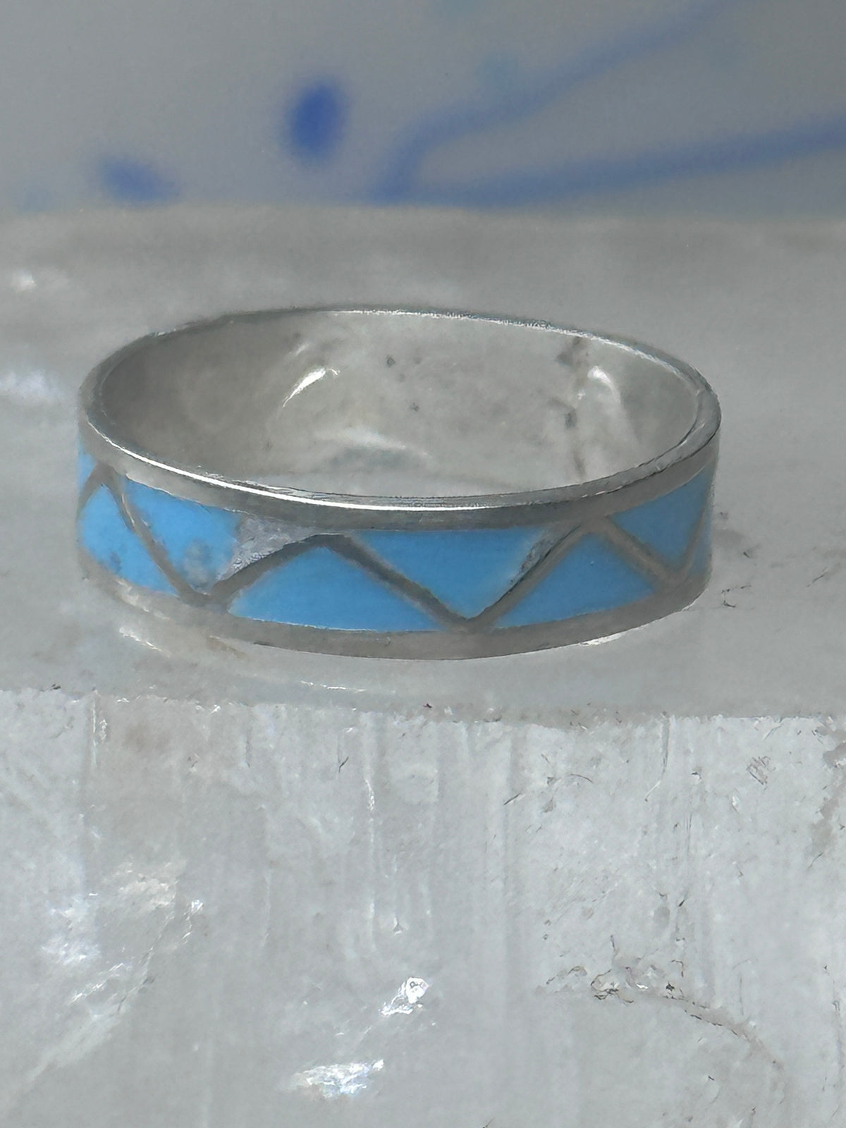 Vintage Sterling Silver Rough Reconstituted Turquoise Geometric Band Size 7.25 925