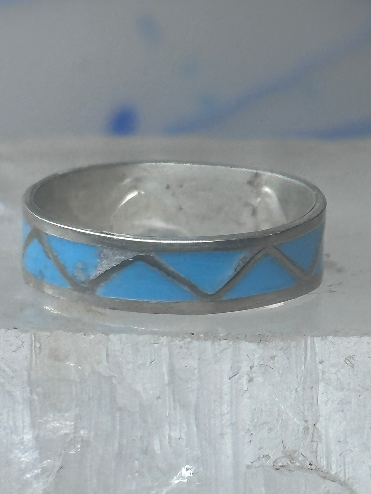 Vintage Sterling Silver Rough Reconstituted Turquoise Geometric Band Size 7.25 925