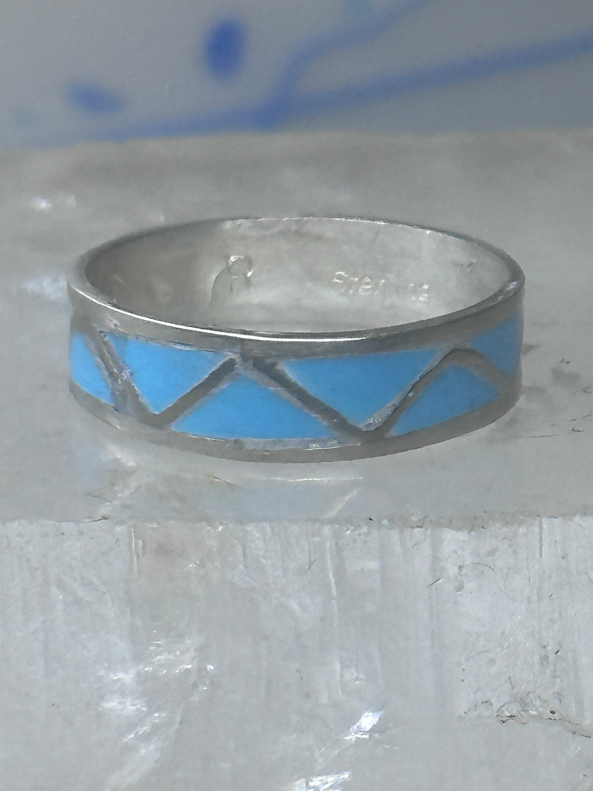 Vintage Sterling Silver Rough Reconstituted Turquoise Geometric Band Size 7.25 925