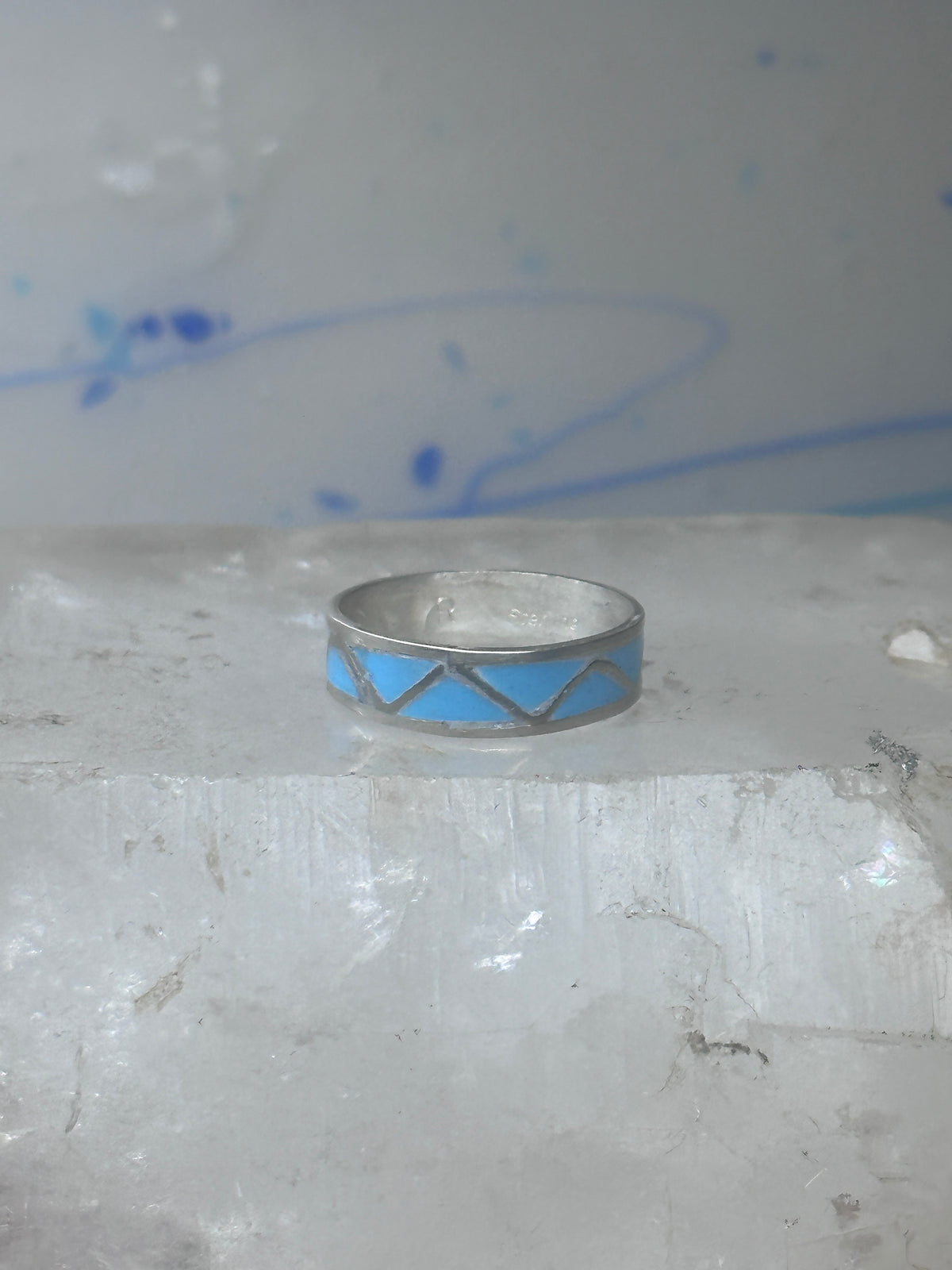 Vintage Sterling Silver Rough Reconstituted Turquoise Geometric Band Size 7.25 925