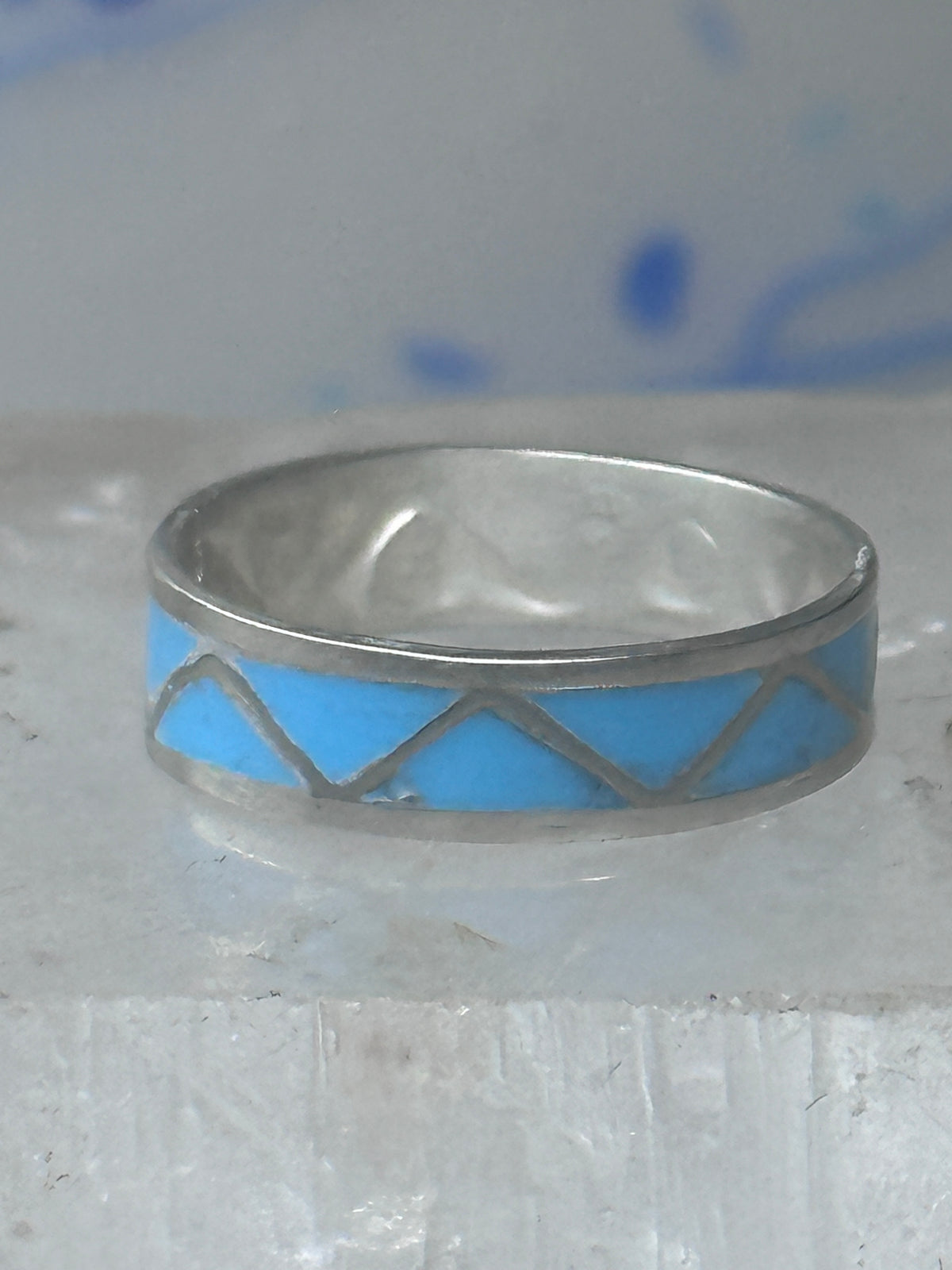 Vintage Sterling Silver Rough Reconstituted Turquoise Geometric Band Size 7.25 925