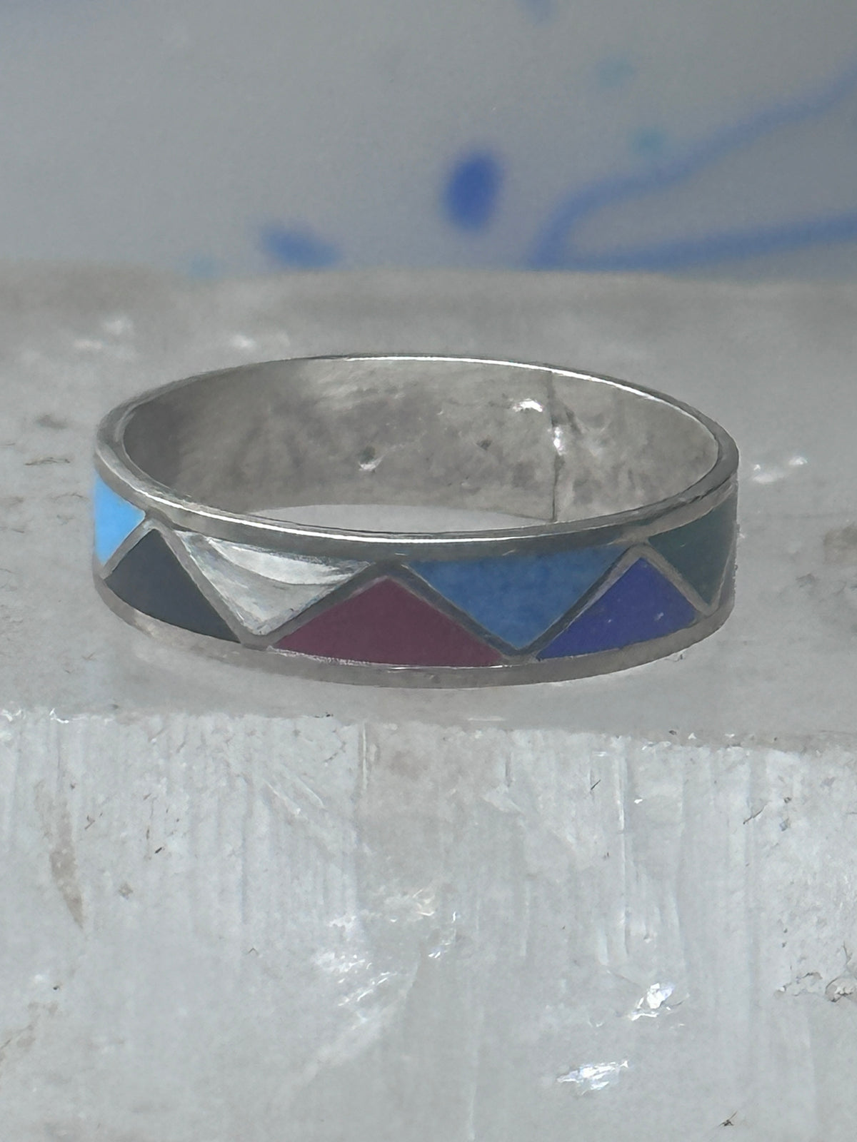 Vintage Sterling Silver Rough Reconstituted Multi Stone Geometric Band Signed R Size 9 925