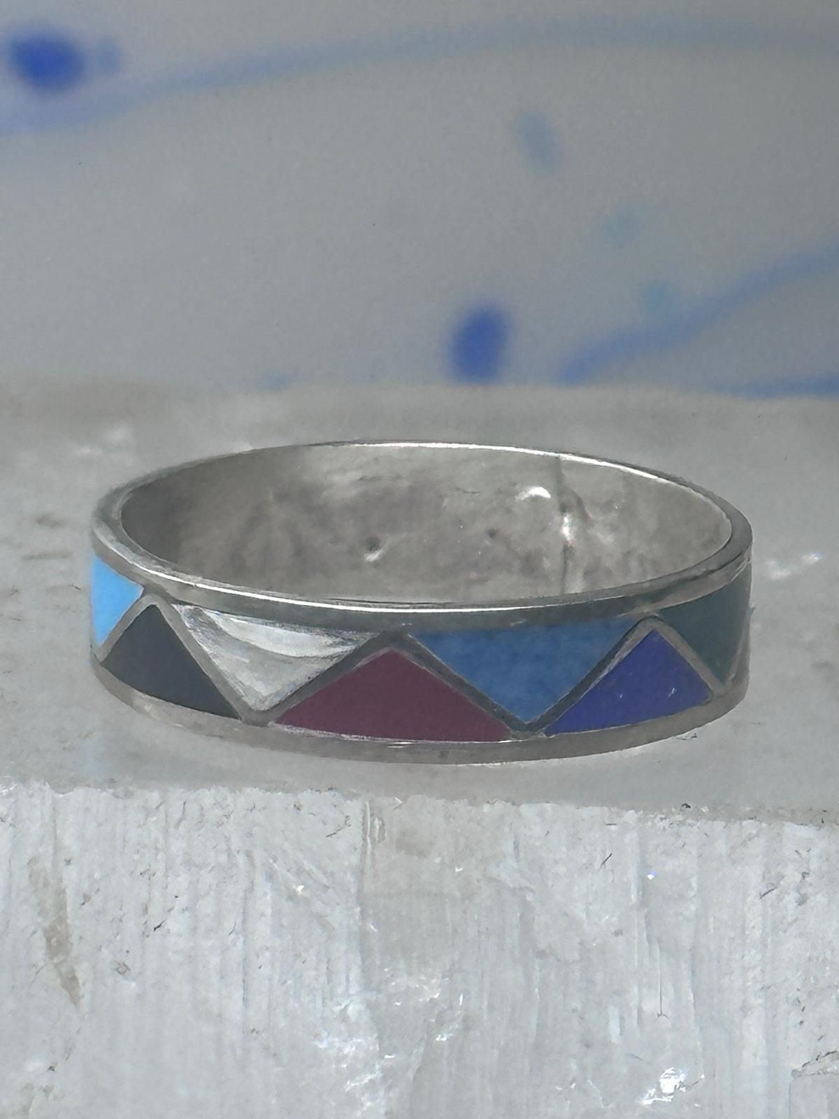 Vintage Sterling Silver Rough Reconstituted Multi Stone Geometric Band Signed R Size 9 925