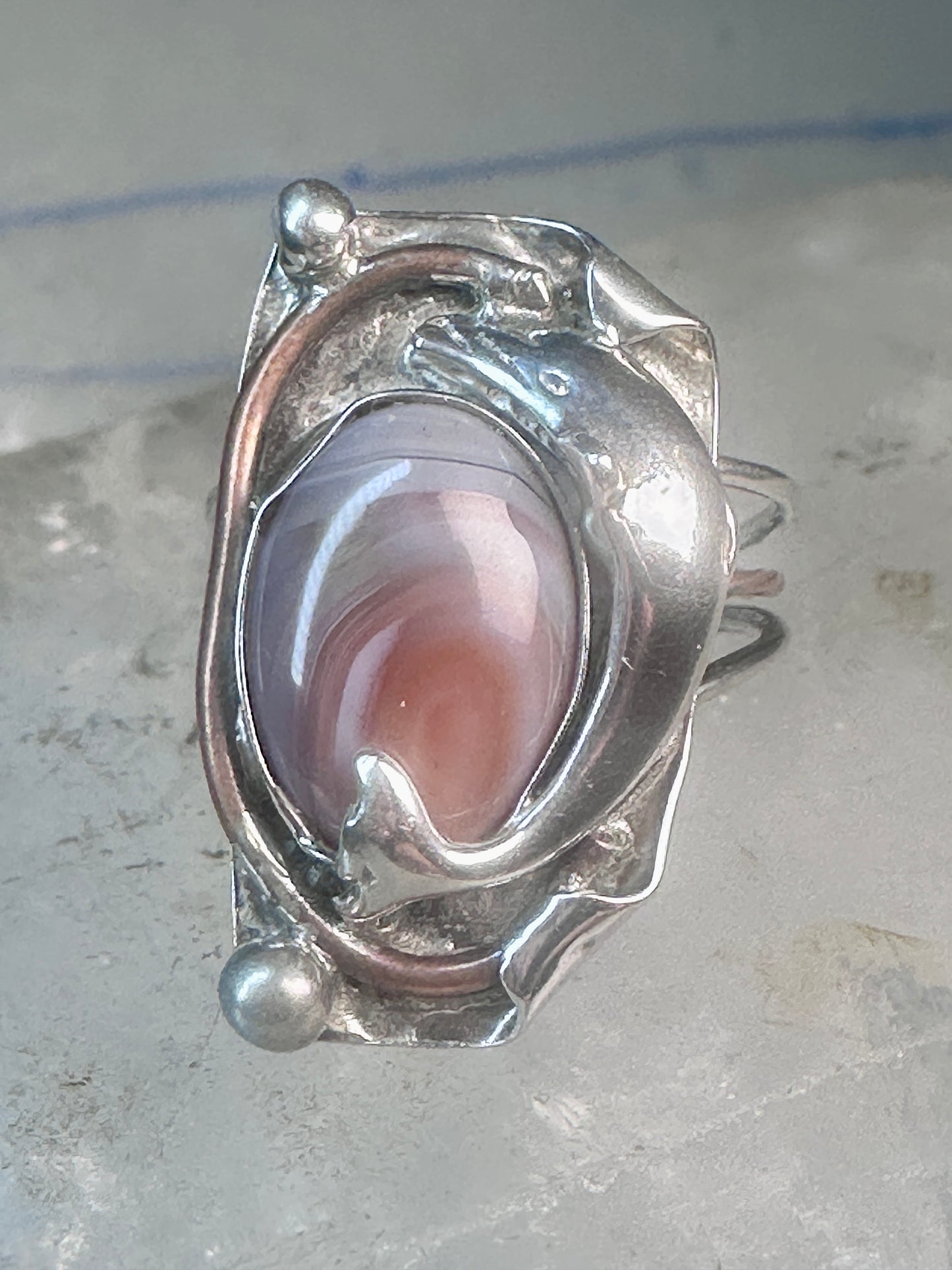 Long Dolphin ring Agate Size 7 Vintage sterling silver women