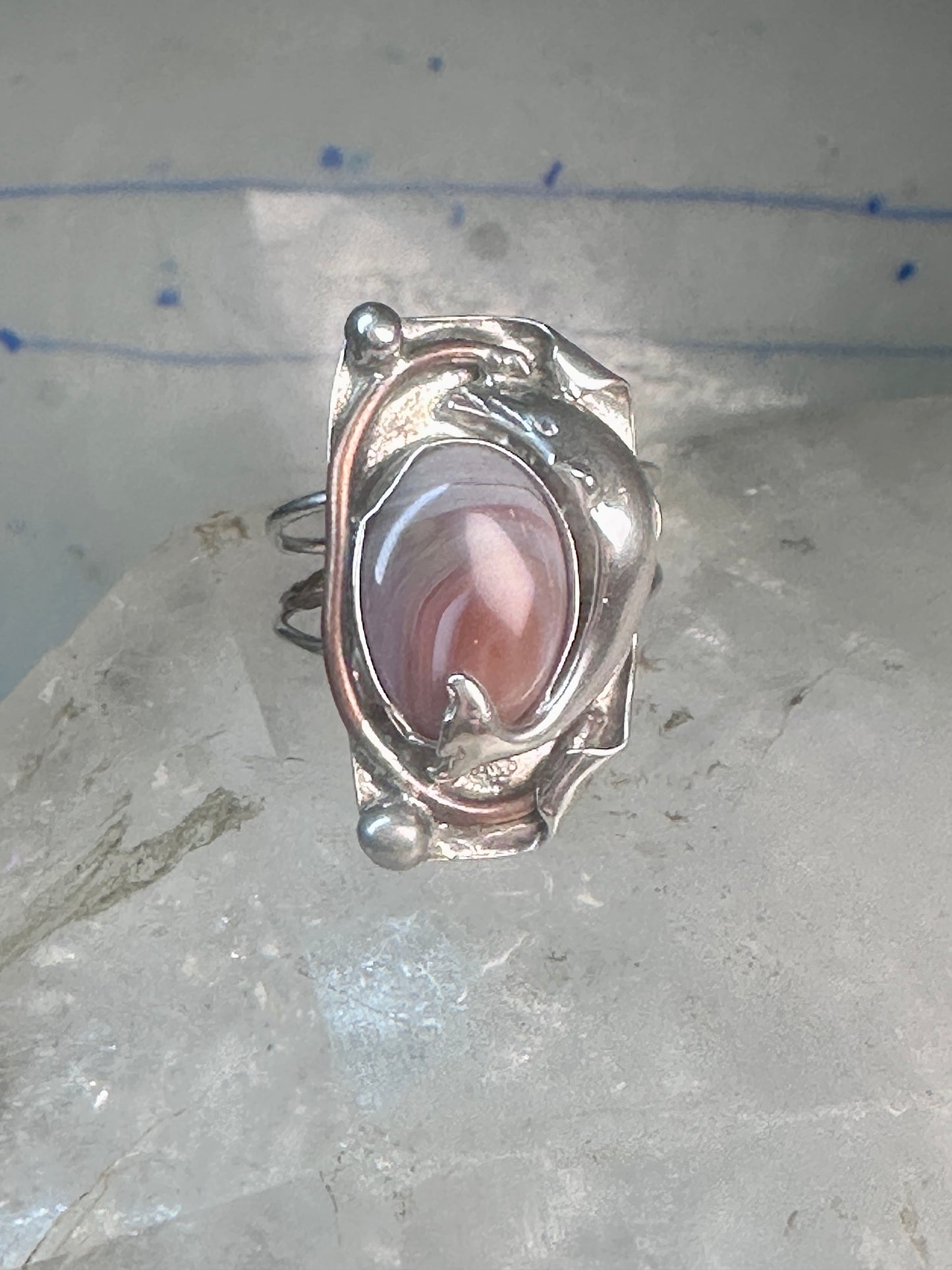 Long Dolphin ring Agate Size 7 Vintage sterling silver women