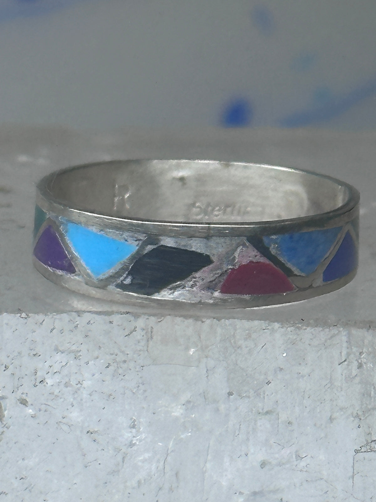 Vintage Sterling Silver Rough Reconstituted Multi Stone Geometric Band Signed R Size 9 925