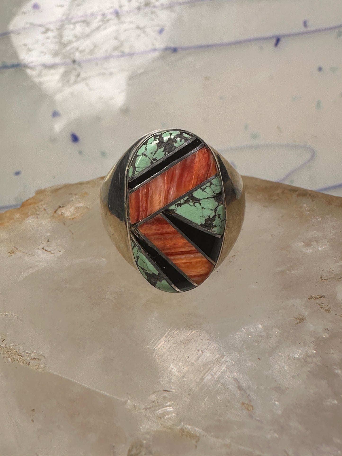 Navajo ring turquoise coral band size 10 sterling silver women men
