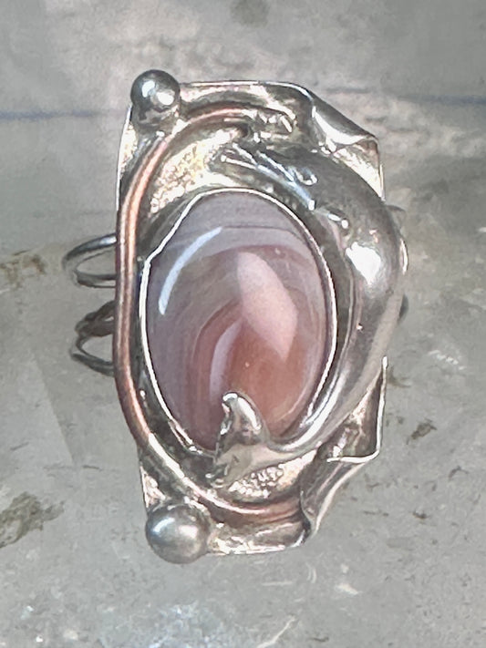 Long Dolphin ring Agate Size 7 Vintage sterling silver women